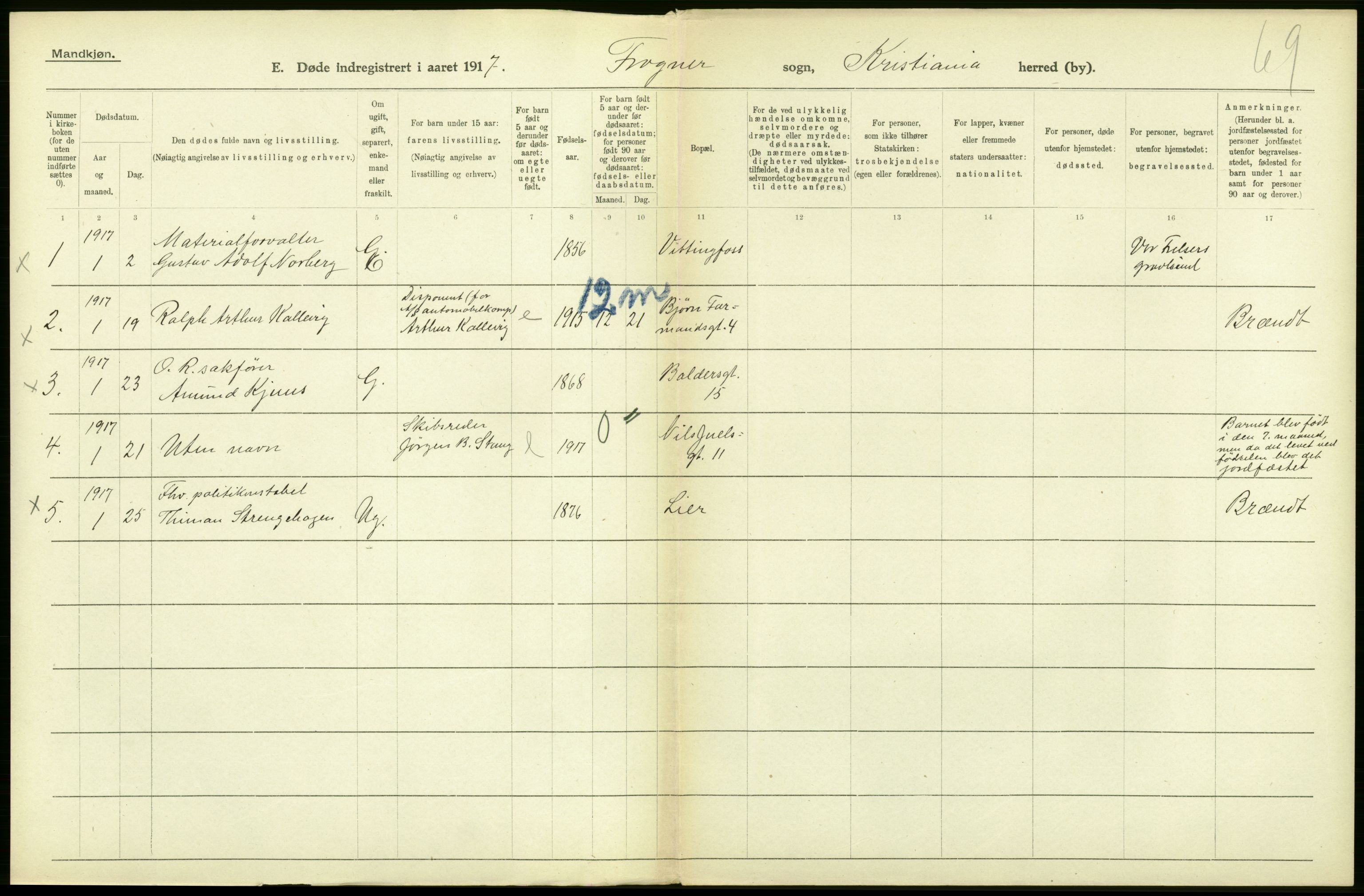 Statistisk sentralbyrå, Sosiodemografiske emner, Befolkning, AV/RA-S-2228/D/Df/Dfb/Dfbg/L0010: Kristiania: Døde, 1917, p. 462