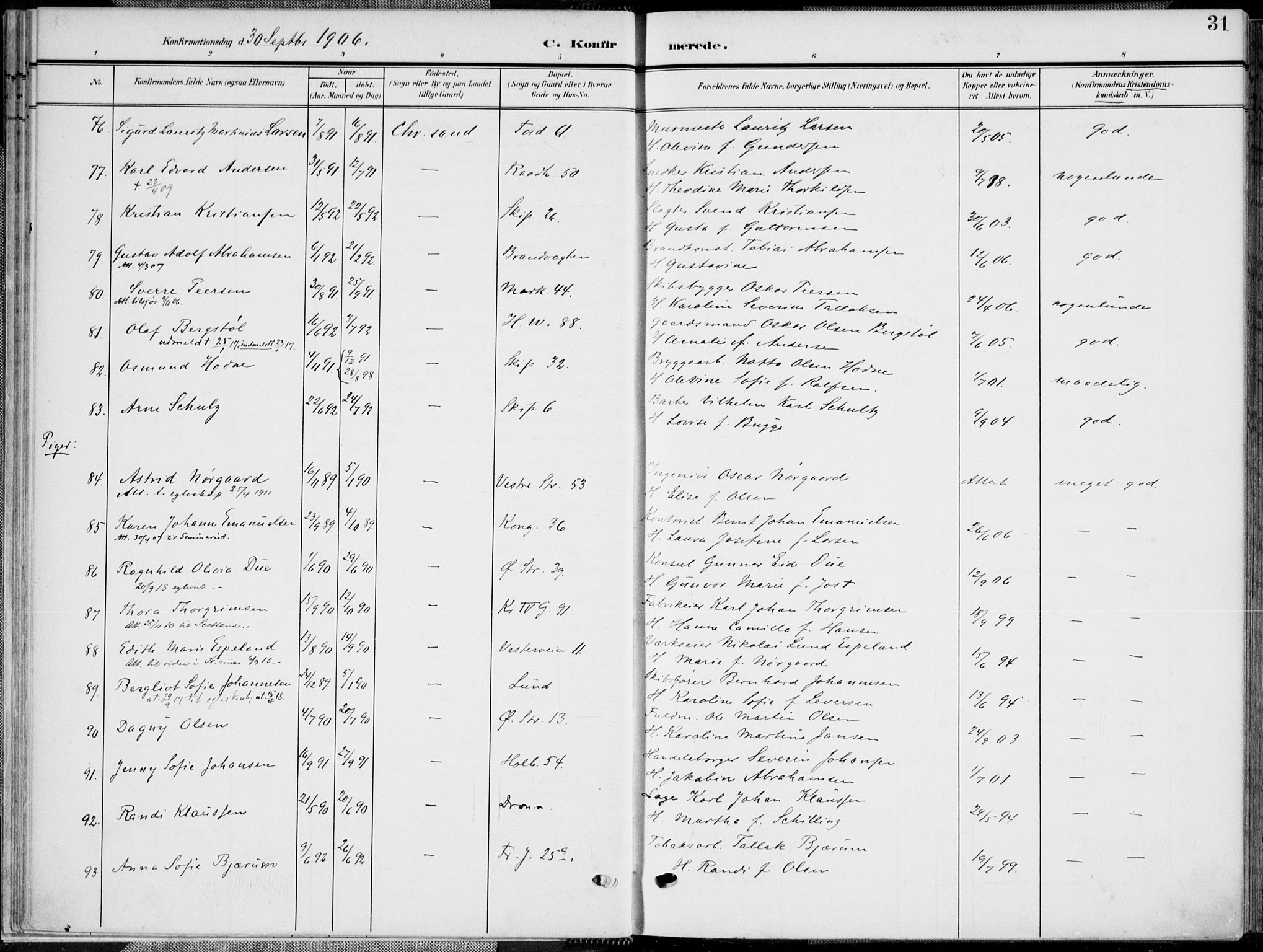 Kristiansand domprosti, SAK/1112-0006/F/Fa/L0022: Parish register (official) no. A 21, 1905-1916, p. 31