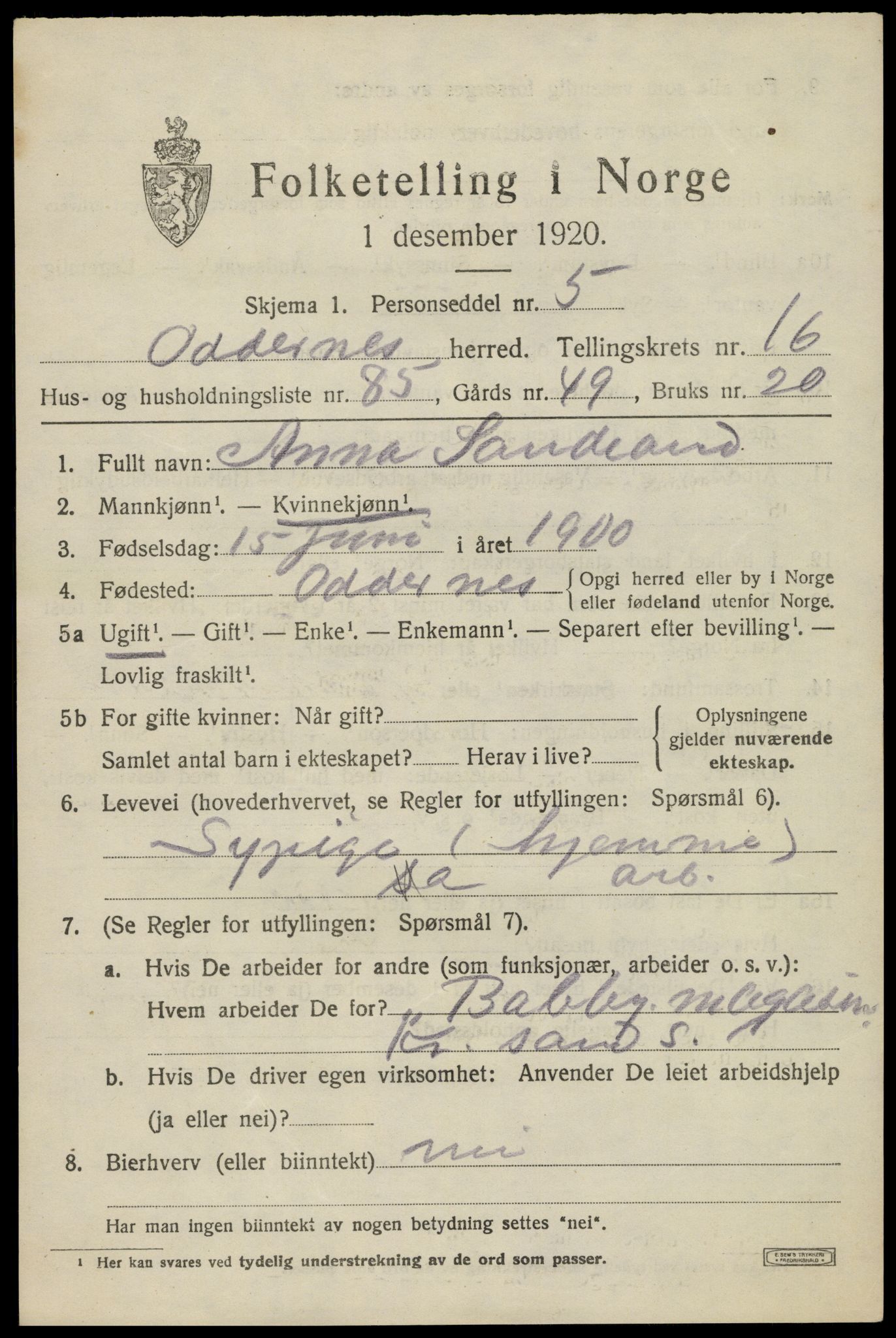 SAK, 1920 census for Oddernes, 1920, p. 12487