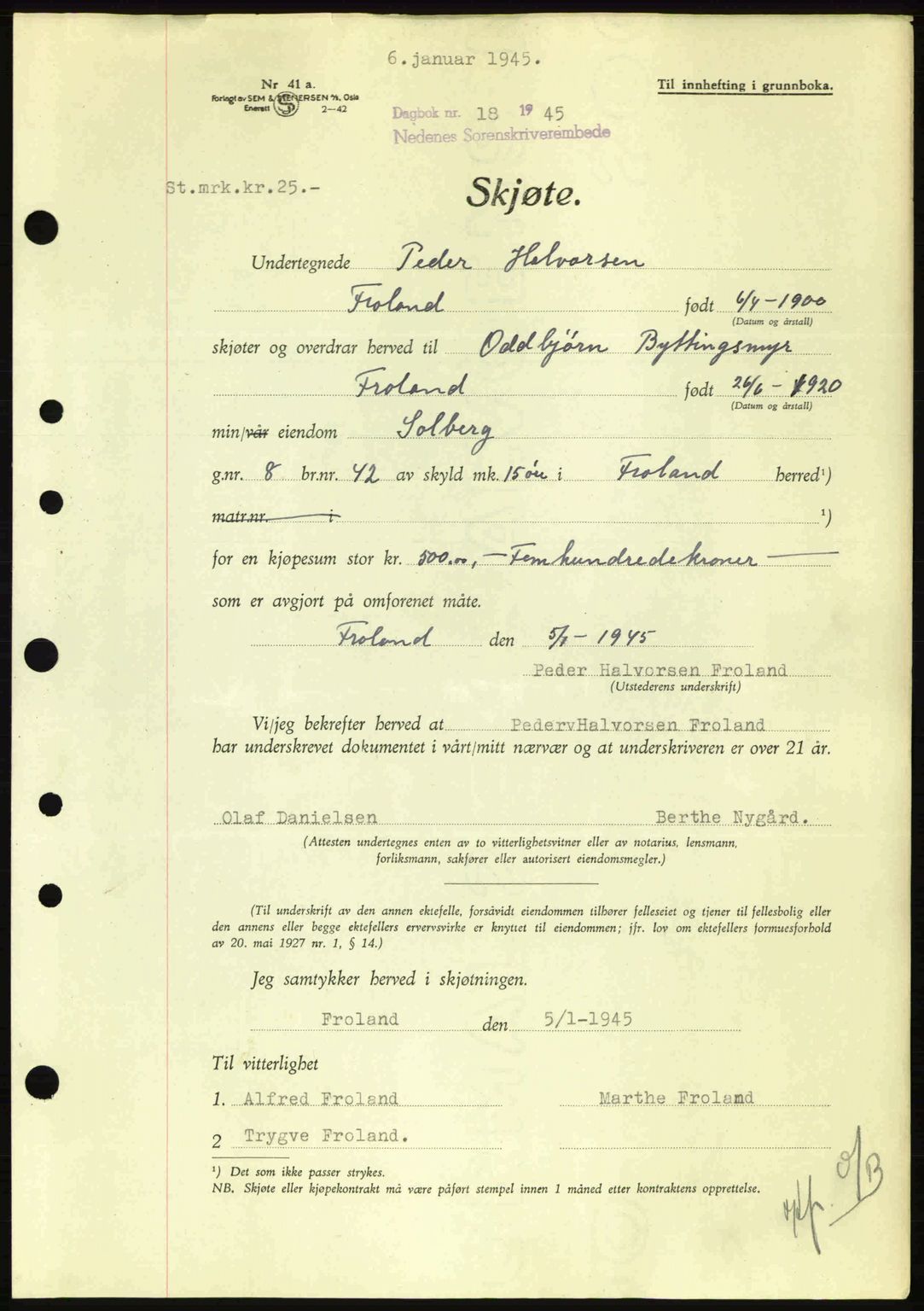 Nedenes sorenskriveri, AV/SAK-1221-0006/G/Gb/Gba/L0052: Mortgage book no. A6a, 1944-1945, Diary no: : 18/1945