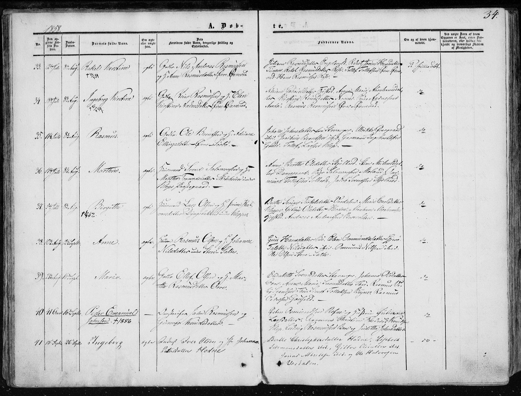 Klepp sokneprestkontor, AV/SAST-A-101803/001/3/30BA/L0005: Parish register (official) no. A 5, 1853-1870, p. 34