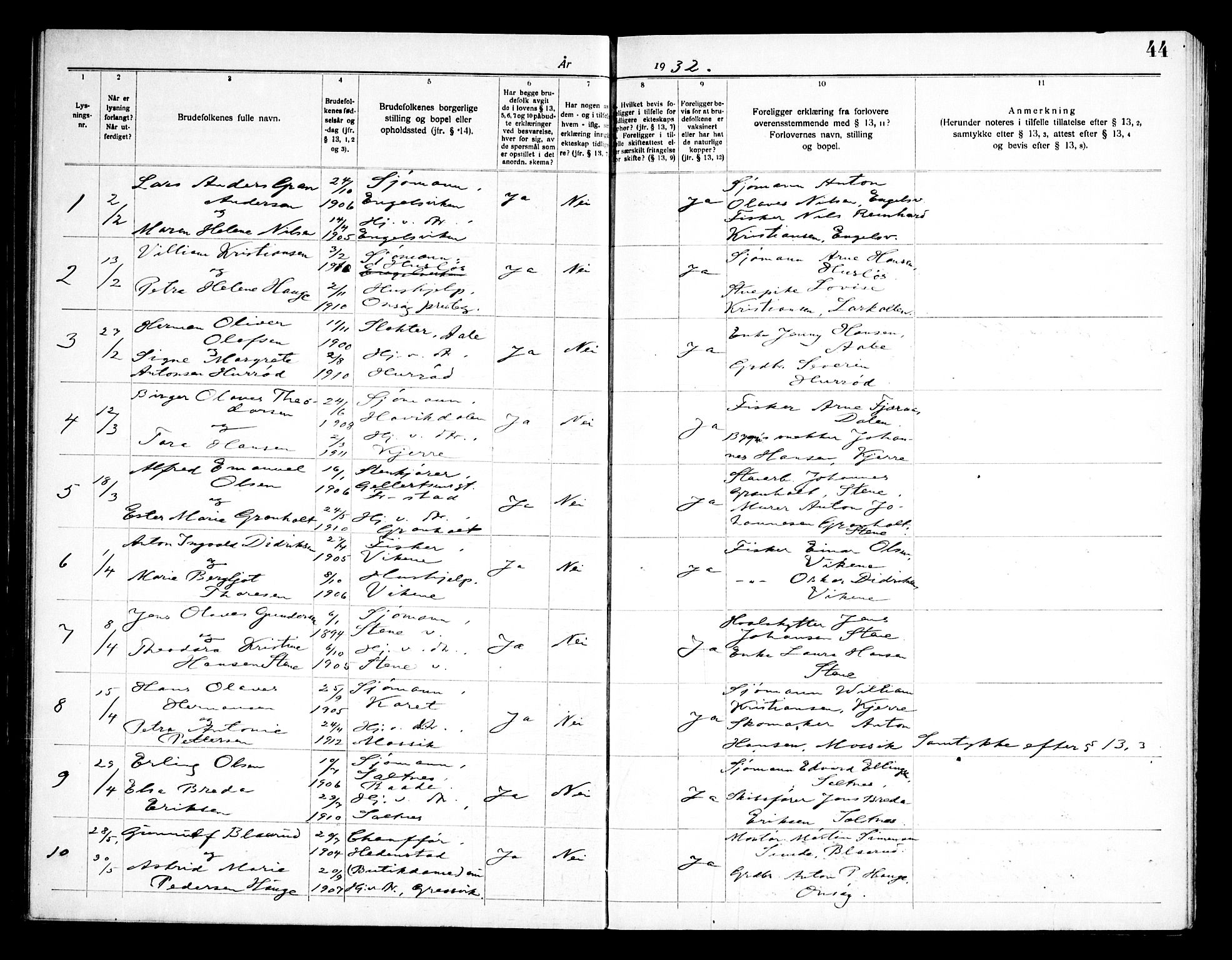 Onsøy prestekontor Kirkebøker, AV/SAO-A-10914/H/Ha/L0001: Banns register no. I 1, 1919-1956, p. 44