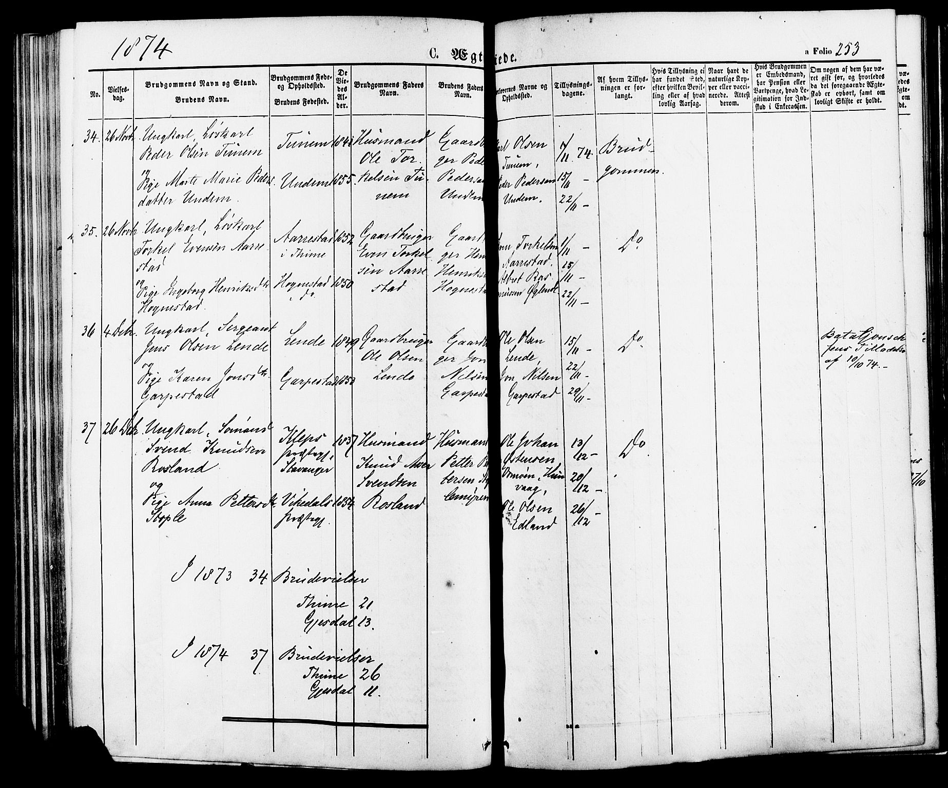 Lye sokneprestkontor, SAST/A-101794/001/30BA/L0008: Parish register (official) no. A 7, 1872-1881, p. 253