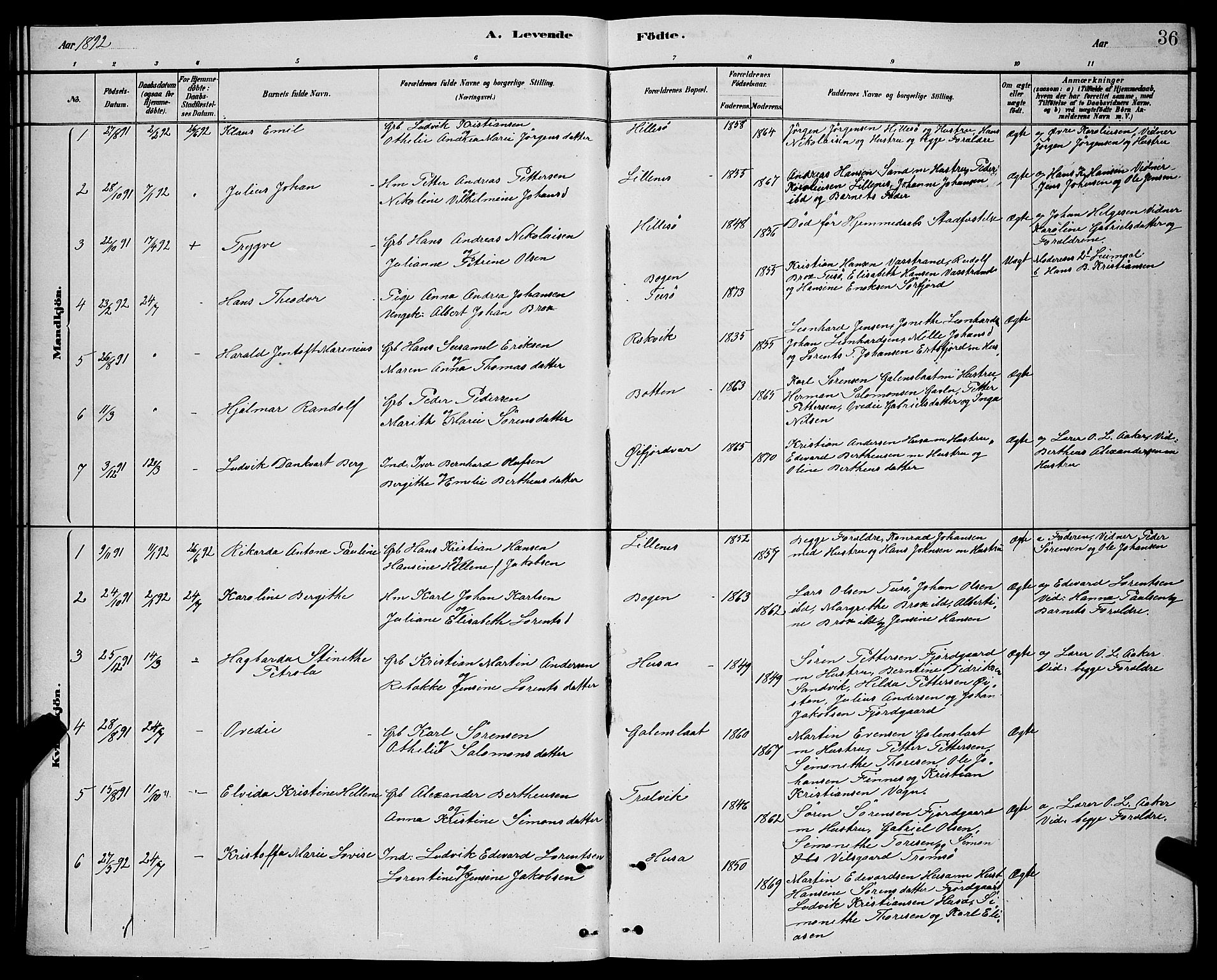 Lenvik sokneprestembete, SATØ/S-1310/H/Ha/Hab/L0021klokker: Parish register (copy) no. 21, 1884-1900, p. 36