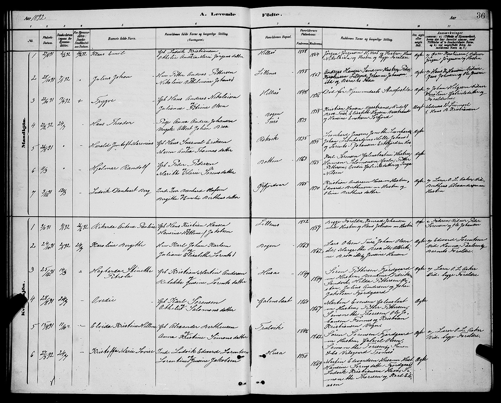 Lenvik sokneprestembete, AV/SATØ-S-1310/H/Ha/Hab/L0021klokker: Parish register (copy) no. 21, 1884-1900, p. 36