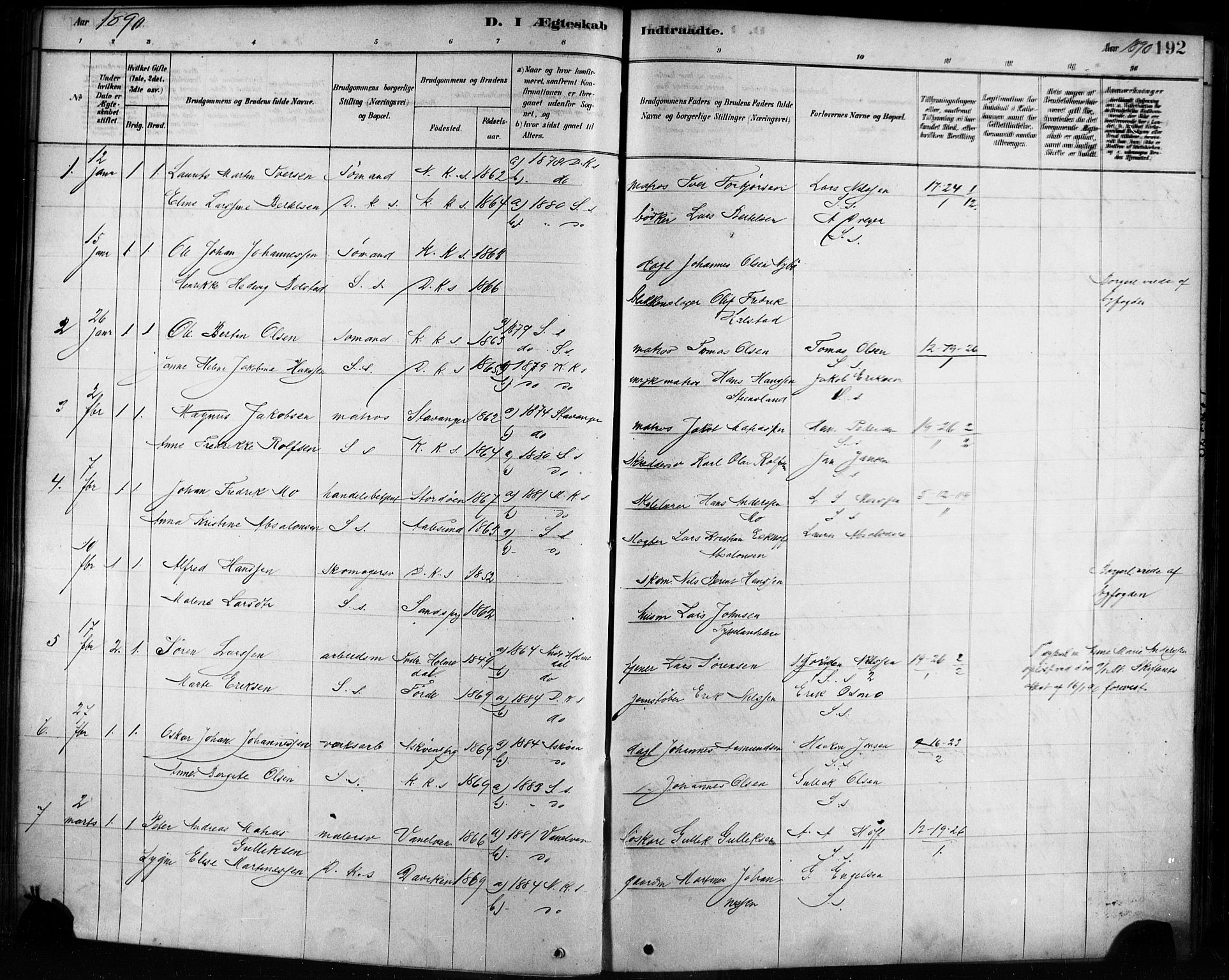 Sandviken Sokneprestembete, SAB/A-77601/H/Ha/L0002: Parish register (official) no. A 2, 1878-1896, p. 192