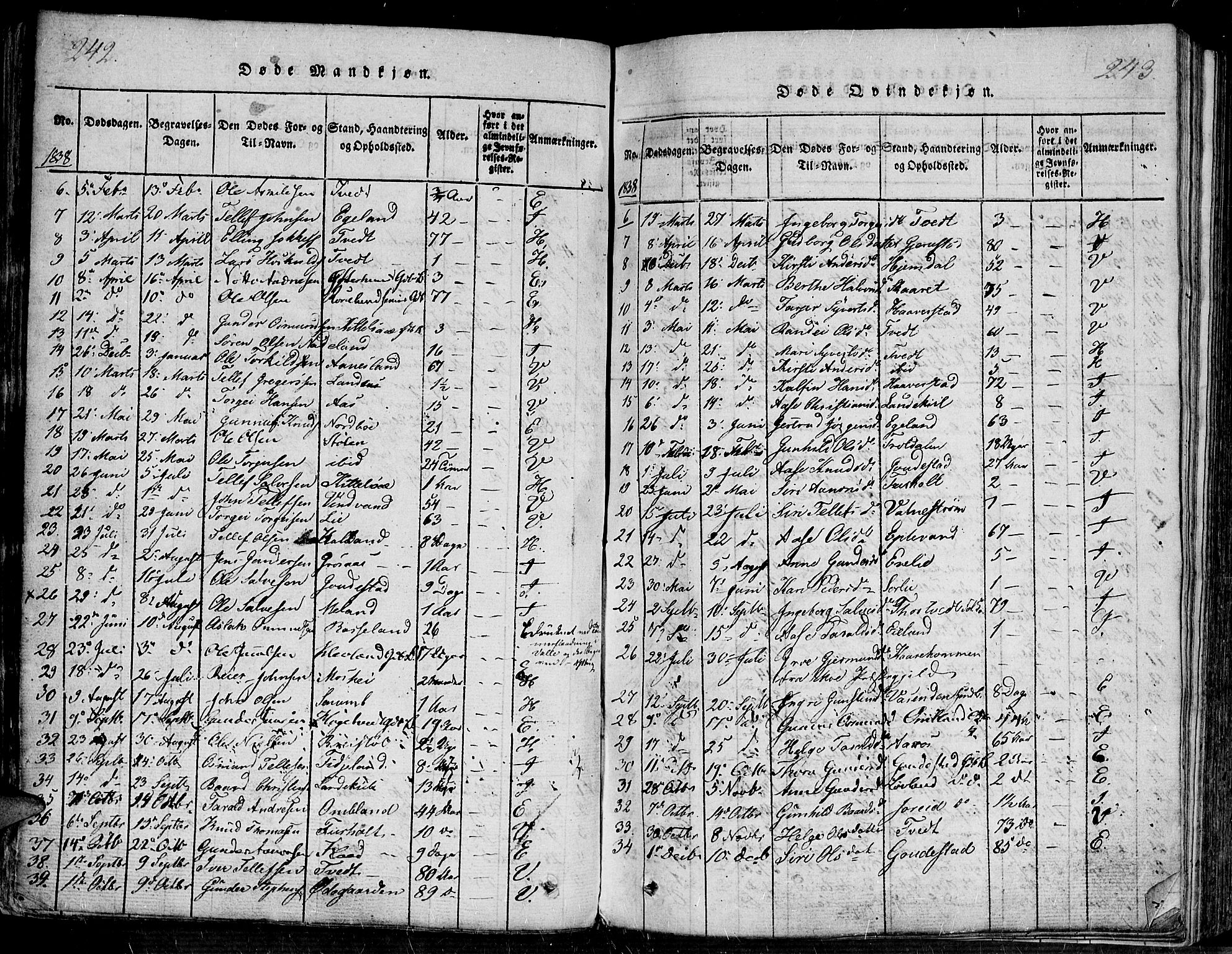 Evje sokneprestkontor, SAK/1111-0008/F/Fa/Faa/L0004: Parish register (official) no. A 4, 1816-1840, p. 242-243