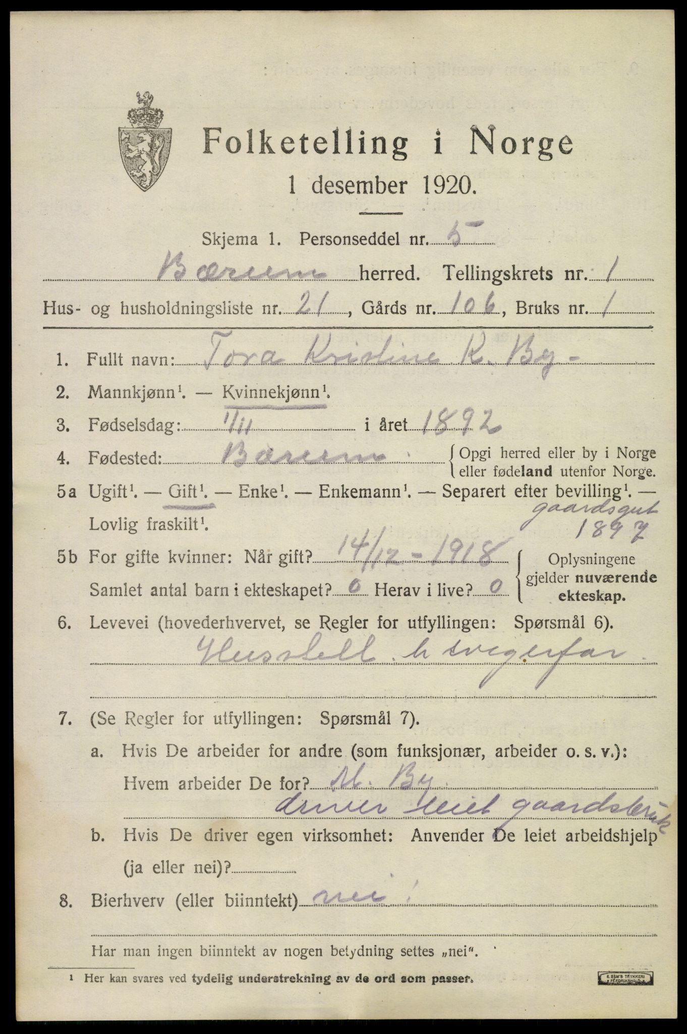 SAO, 1920 census for Bærum, 1920, p. 5396