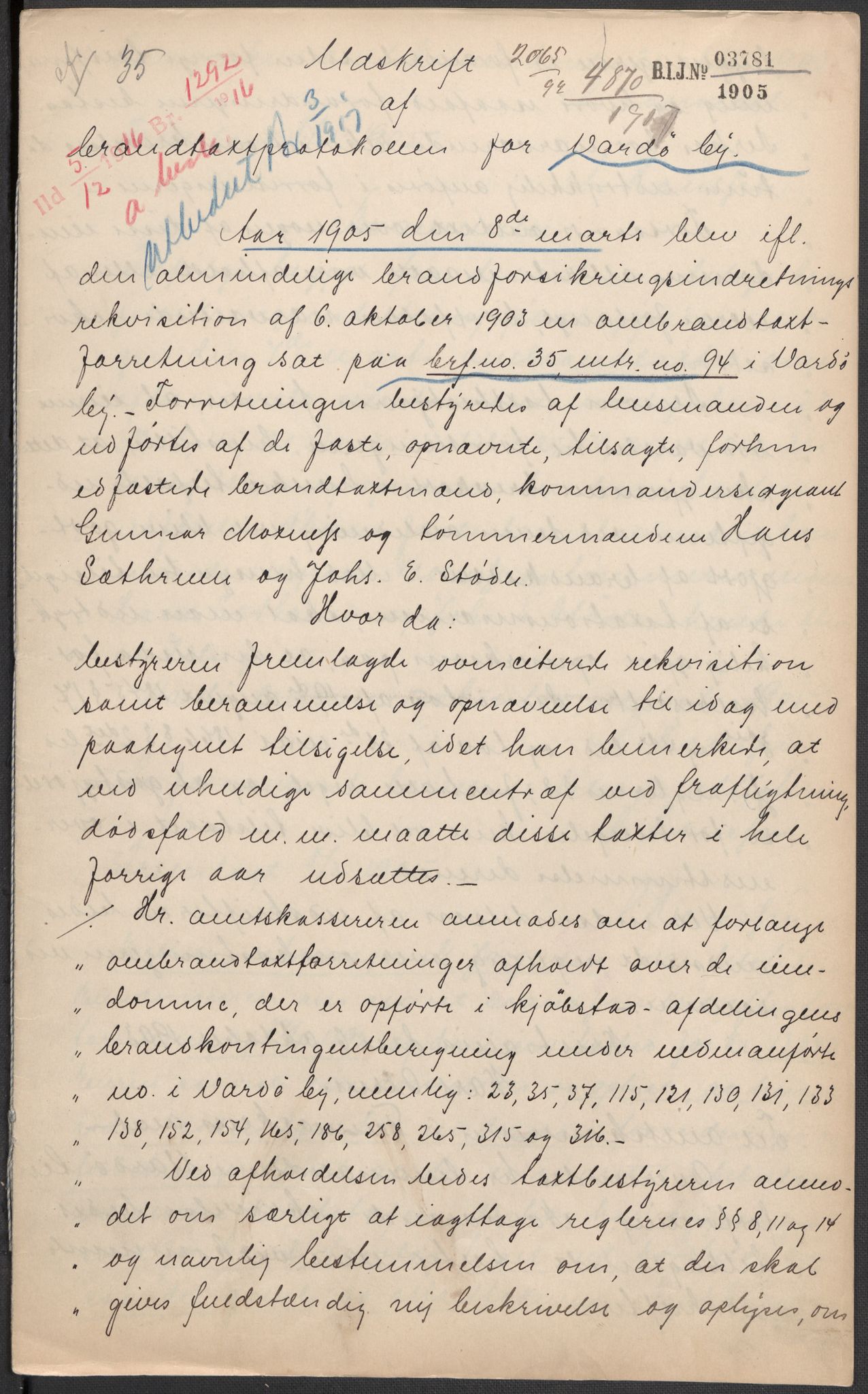 Norges Brannkasse, AV/RA-S-1549/E/Eu/L0013: Branntakster for Vardø by, 1843-1955, p. 6