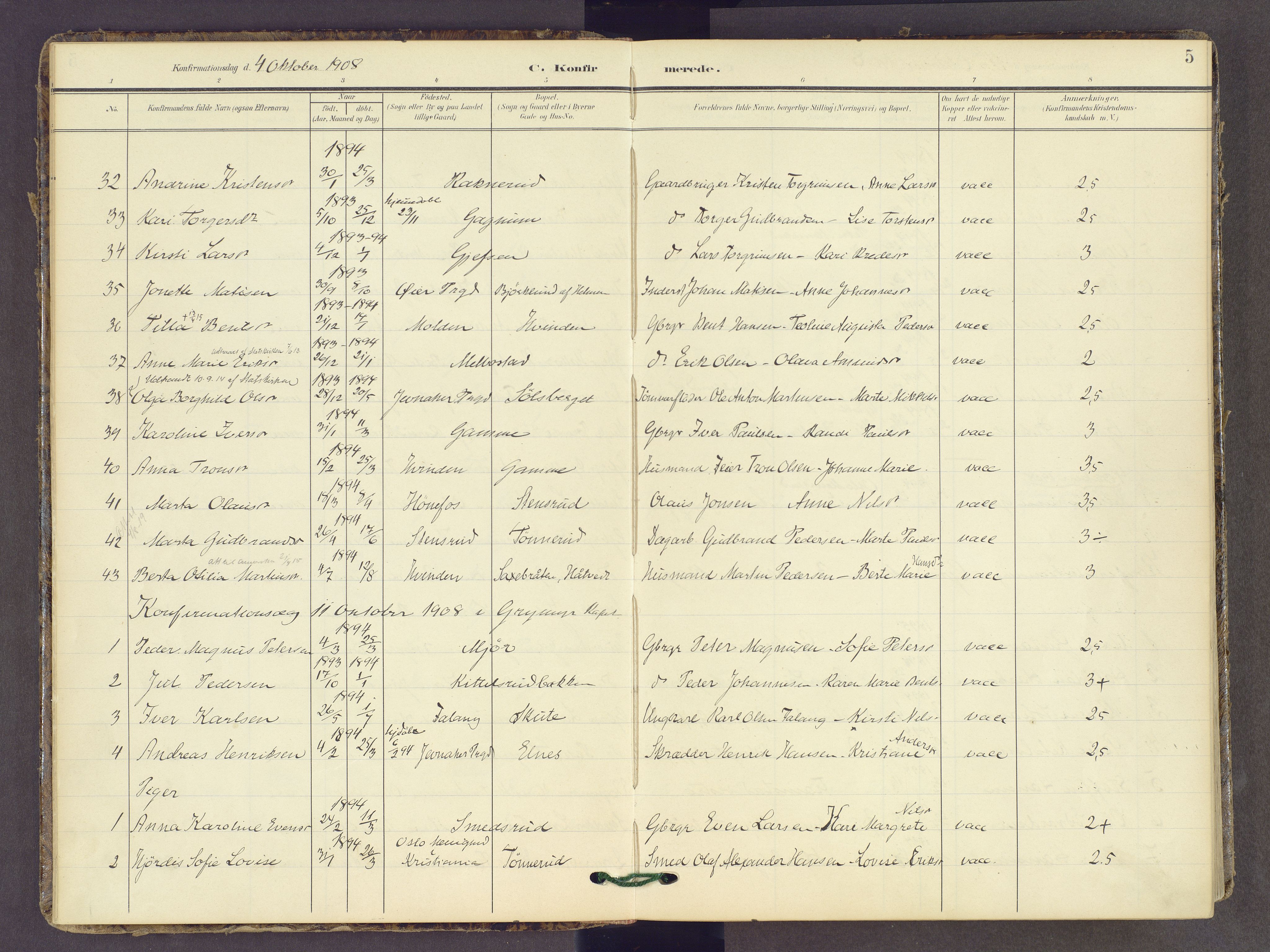 Gran prestekontor, SAH/PREST-112/H/Ha/Haa/L0022: Parish register (official) no. 22, 1908-1918, p. 5