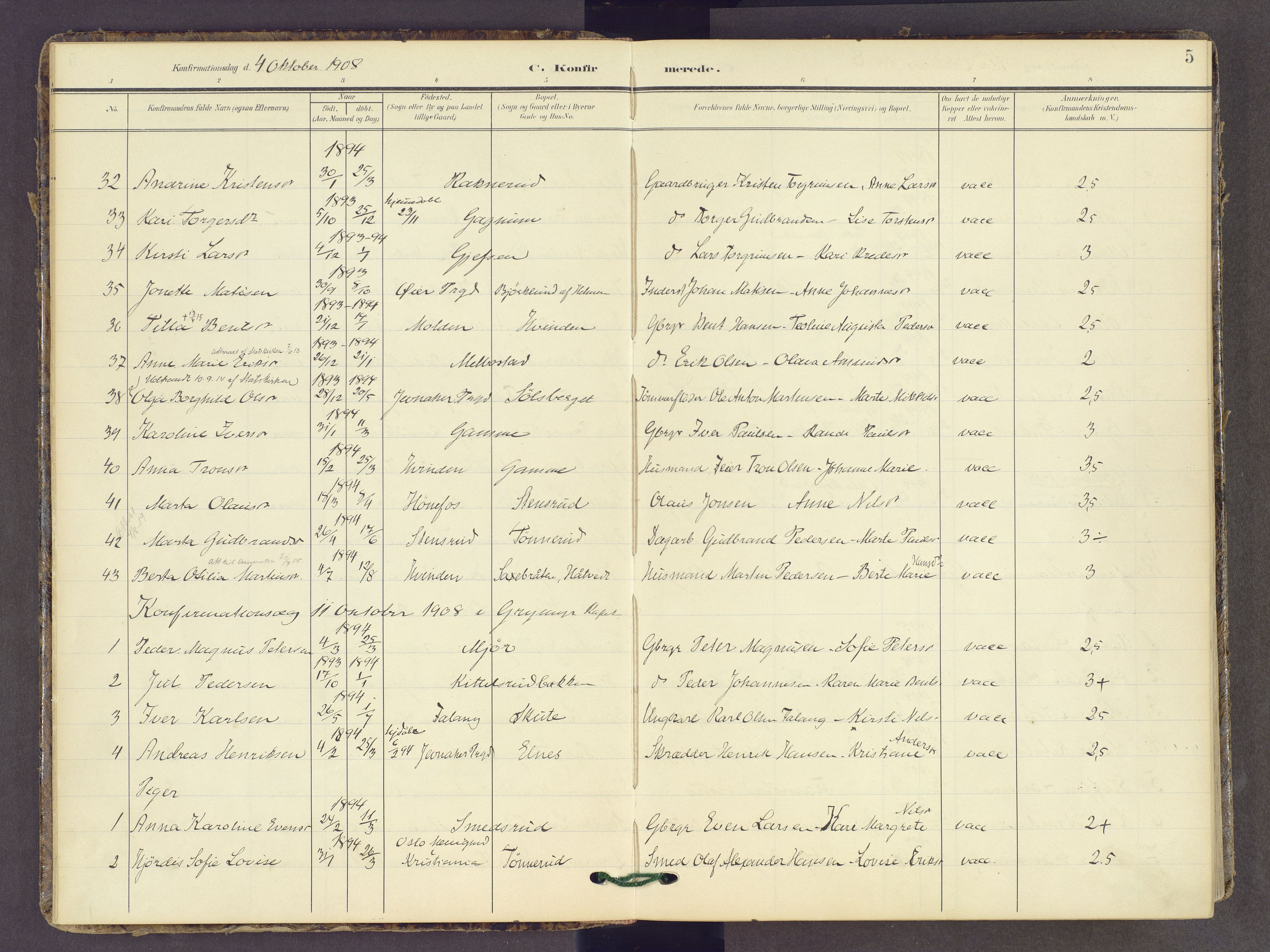 Gran prestekontor, AV/SAH-PREST-112/H/Ha/Haa/L0022: Parish register (official) no. 22, 1908-1918, p. 5