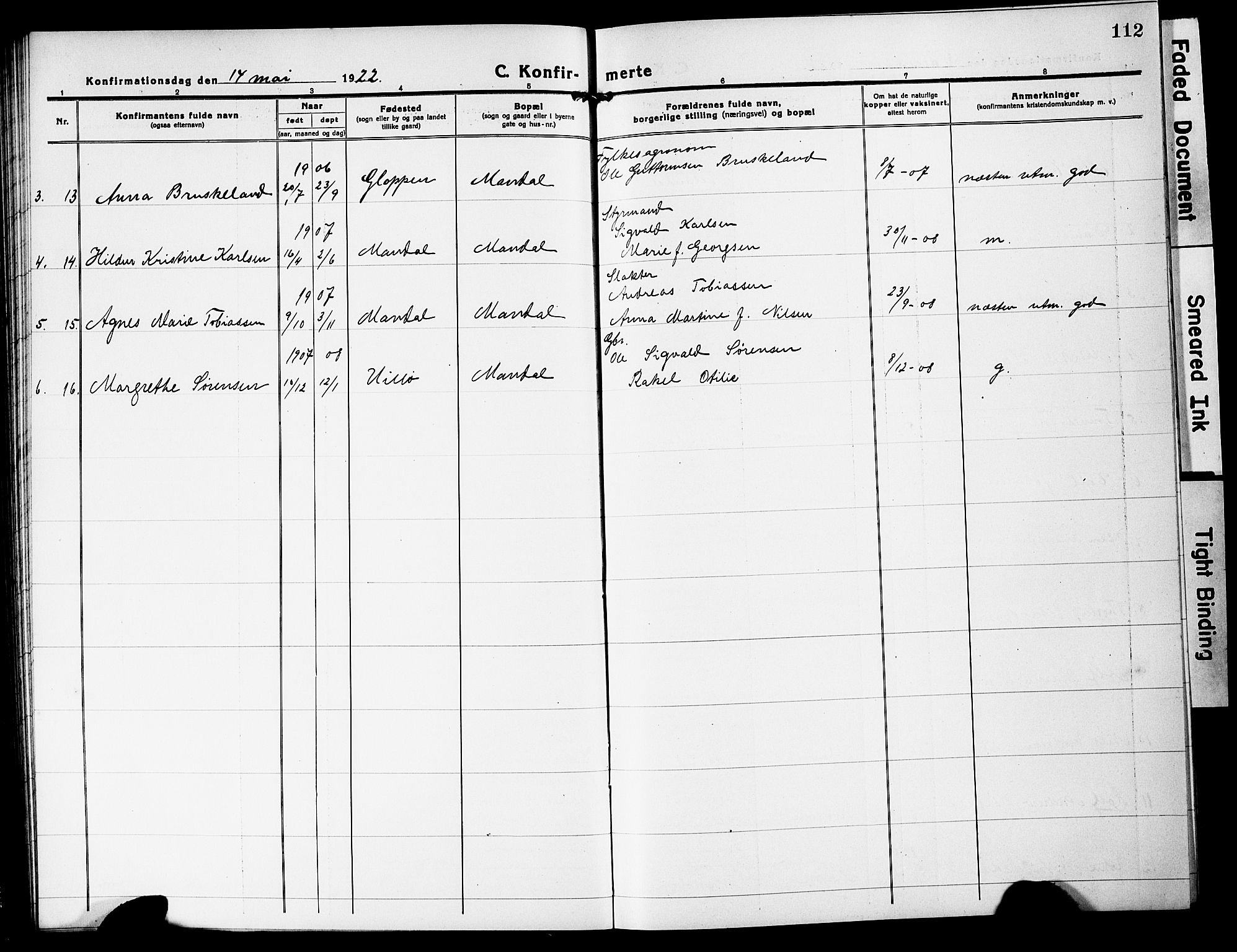 Mandal sokneprestkontor, AV/SAK-1111-0030/F/Fb/Fbc/L0001: Parish register (copy) no. B 1, 1918-1931, p. 112