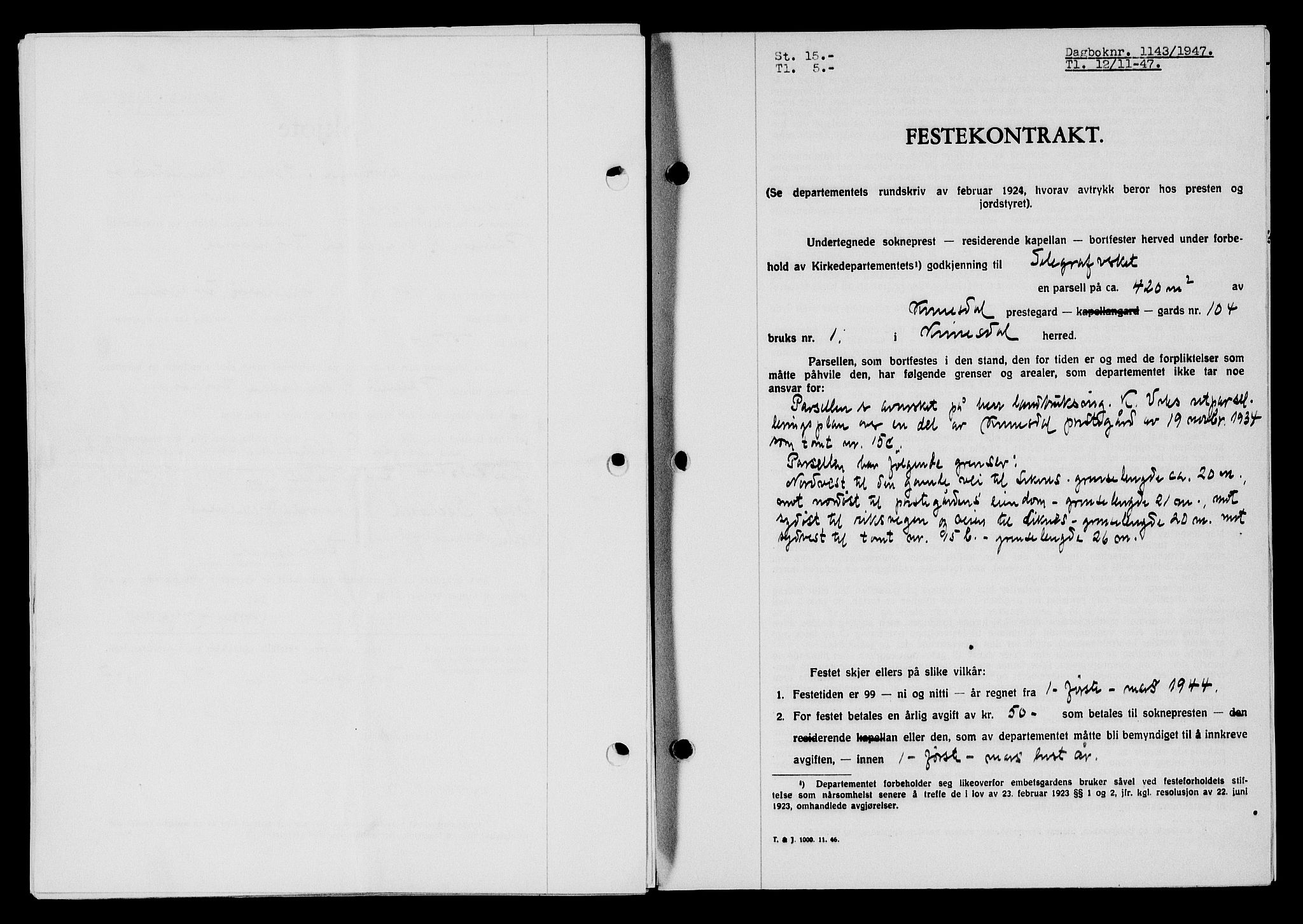 Flekkefjord sorenskriveri, SAK/1221-0001/G/Gb/Gba/L0063: Mortgage book no. A-11, 1947-1948, Diary no: : 1143/1947