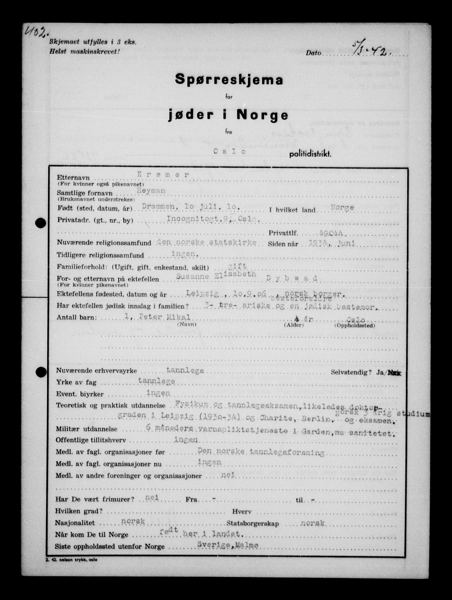 Statspolitiet - Hovedkontoret / Osloavdelingen, AV/RA-S-1329/G/Ga/L0010: Spørreskjema for jøder i Norge: Jøder bosatt i Oslo, Hansen - Pintzow, 1942, p. 424