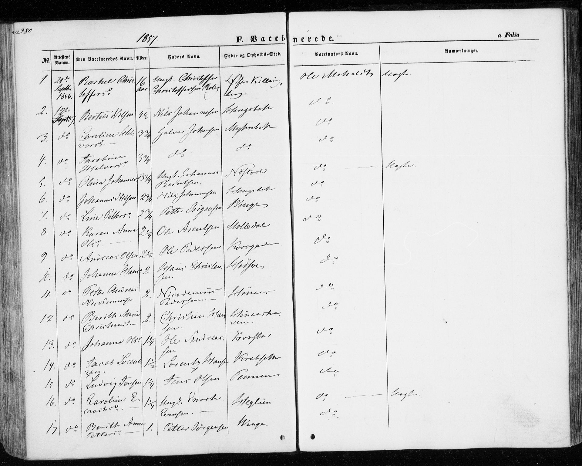 Ministerialprotokoller, klokkerbøker og fødselsregistre - Nord-Trøndelag, SAT/A-1458/701/L0008: Parish register (official) no. 701A08 /1, 1854-1863, p. 380