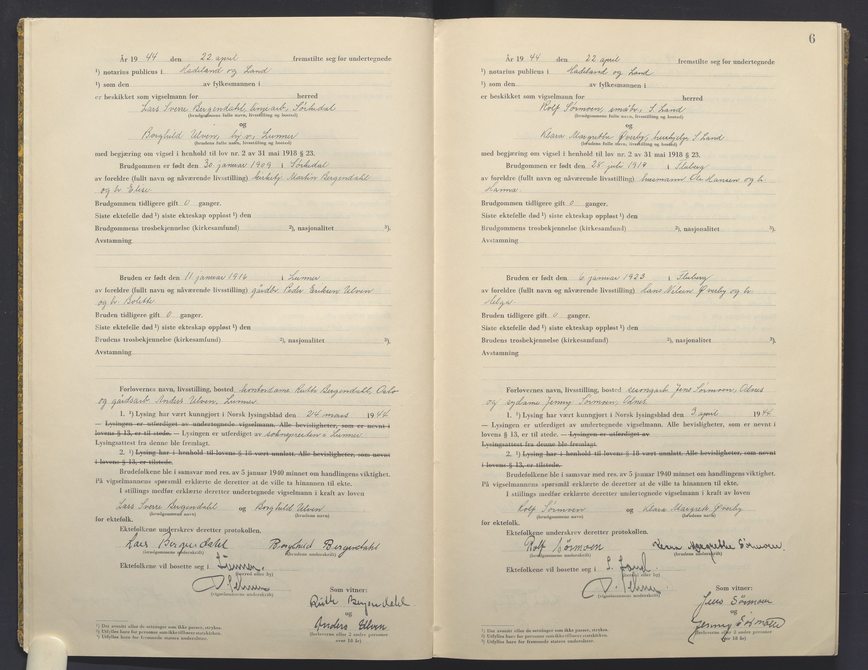 Hadeland og Land tingrett, AV/SAH-TING-010/L/Lb/L0003: Vigselbok, 1944-1946, p. 6