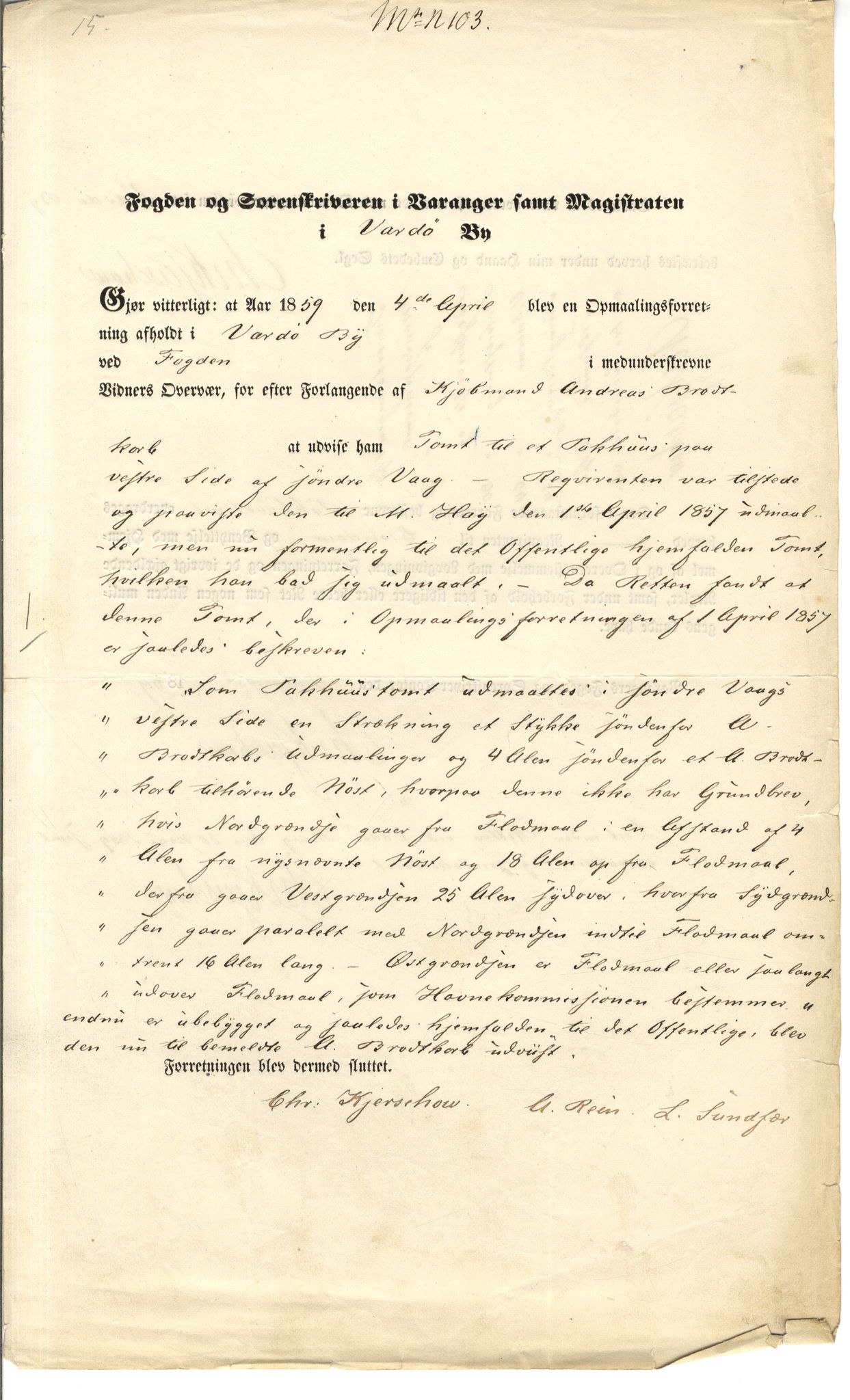 Brodtkorb handel A/S, VAMU/A-0001/Q/Qb/L0001: Skjøter og grunnbrev i Vardø by, 1822-1943, p. 1