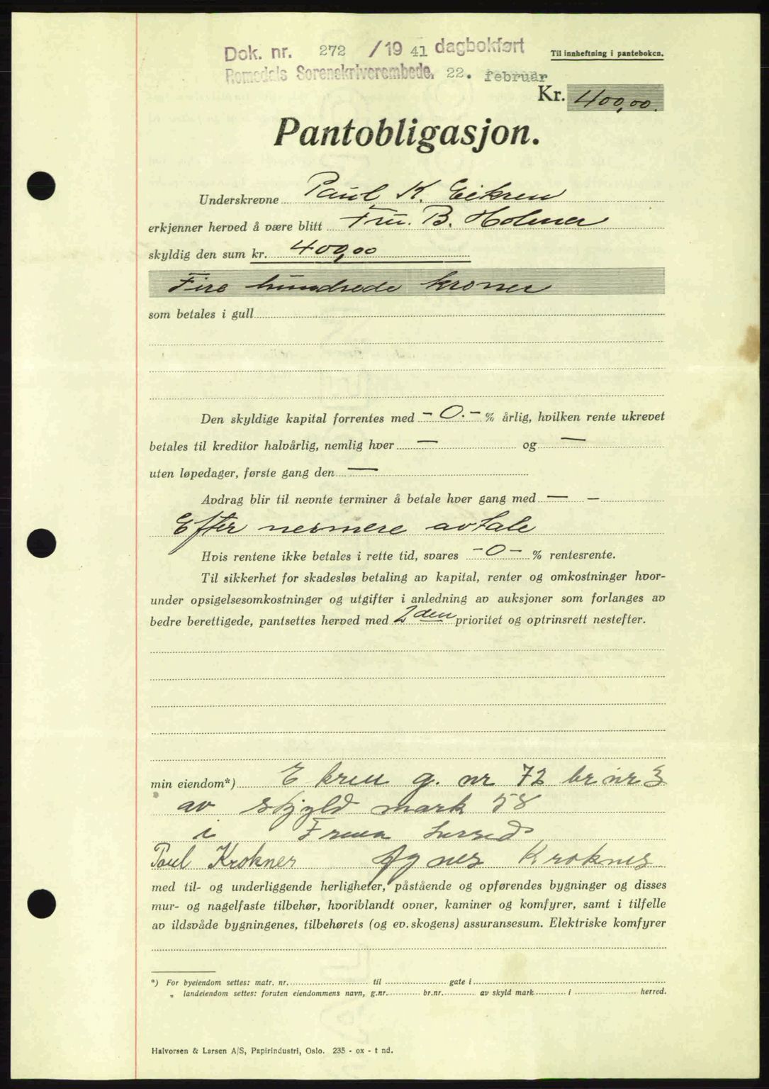 Romsdal sorenskriveri, AV/SAT-A-4149/1/2/2C: Mortgage book no. B2, 1939-1945, Diary no: : 272/1941