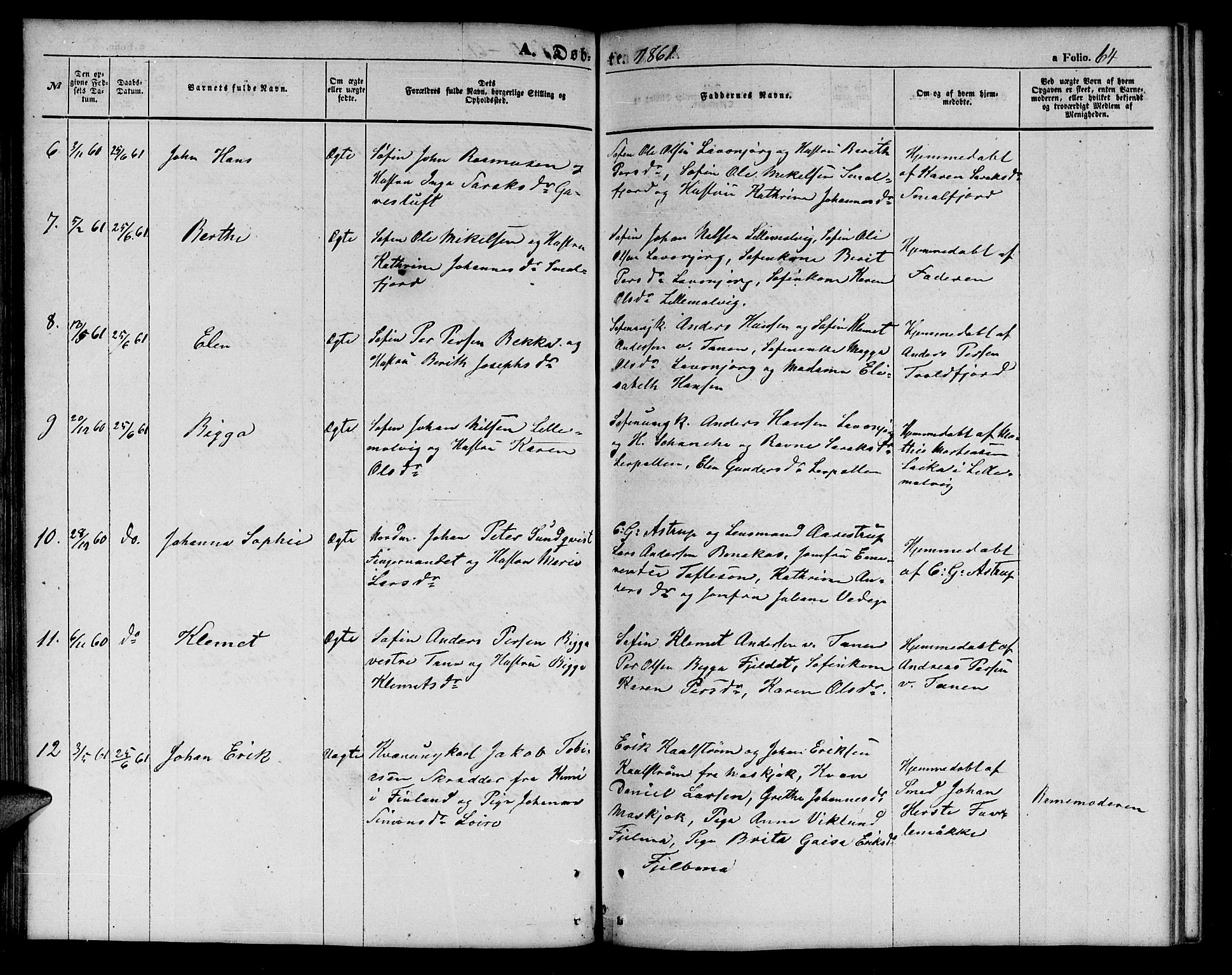 Tana sokneprestkontor, SATØ/S-1334/H/Hb/L0001klokker: Parish register (copy) no. 1 /1, 1853-1867, p. 64