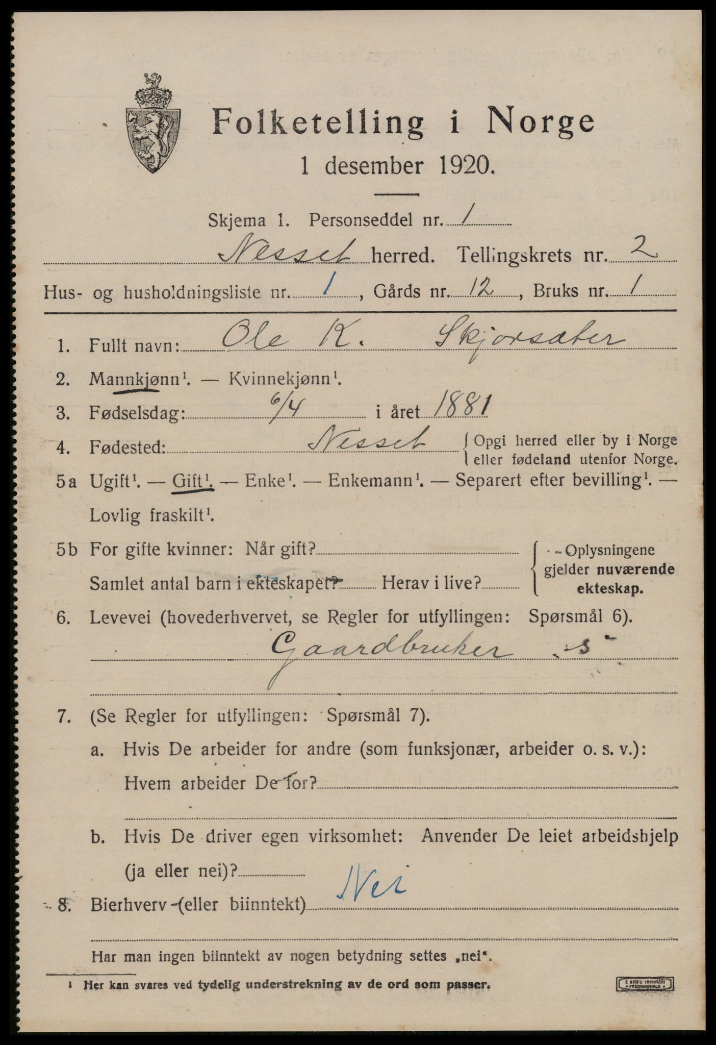 SAT, 1920 census for Nesset, 1920, p. 990