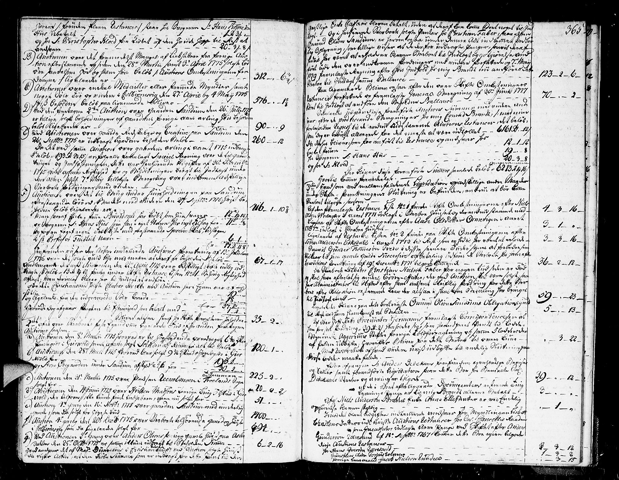 Nedenes sorenskriveri før 1824, AV/SAK-1221-0007/H/Hc/L0037: Skifteprotokoll med register nr 24, 1775-1779, p. 364b-365a