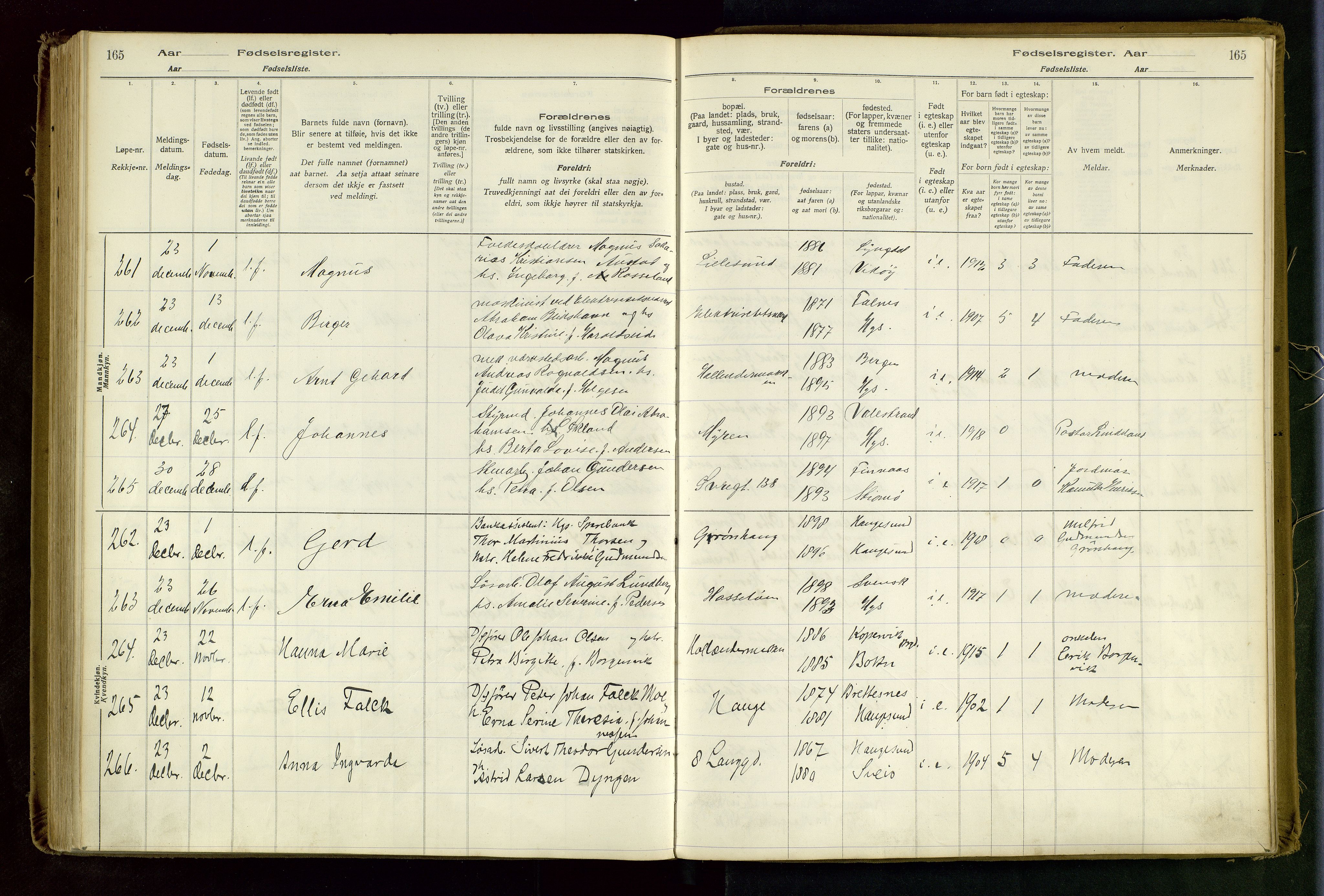 Haugesund sokneprestkontor, SAST/A -101863/I/Id/L0003: Birth register no. 1, 1916-1919, p. 165