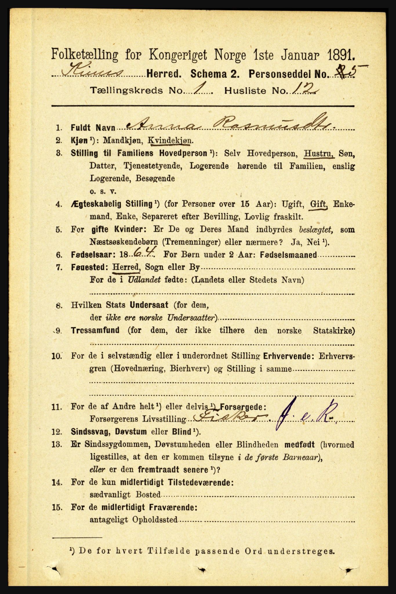 RA, 1891 census for 1437 Kinn, 1891, p. 171