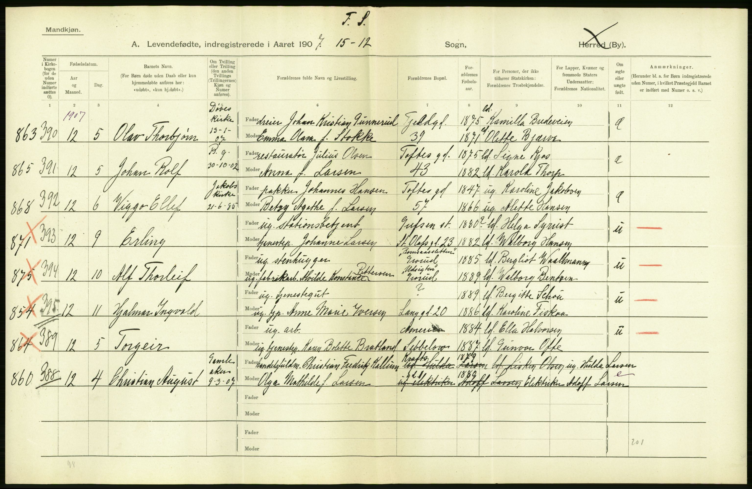 Statistisk sentralbyrå, Sosiodemografiske emner, Befolkning, AV/RA-S-2228/D/Df/Dfa/Dfae/L0007: Kristiania: Levendefødte menn og kvinner., 1907, p. 8