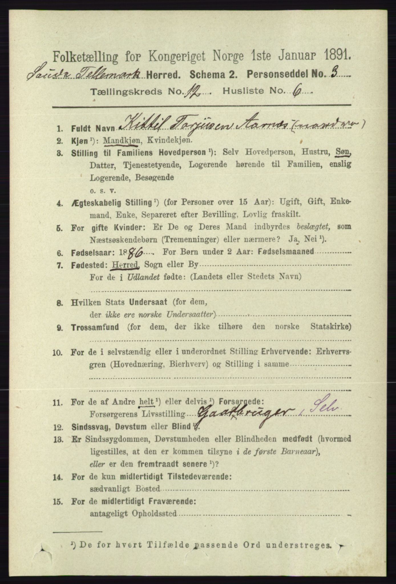 RA, 1891 census for 0822 Sauherad, 1891, p. 3654