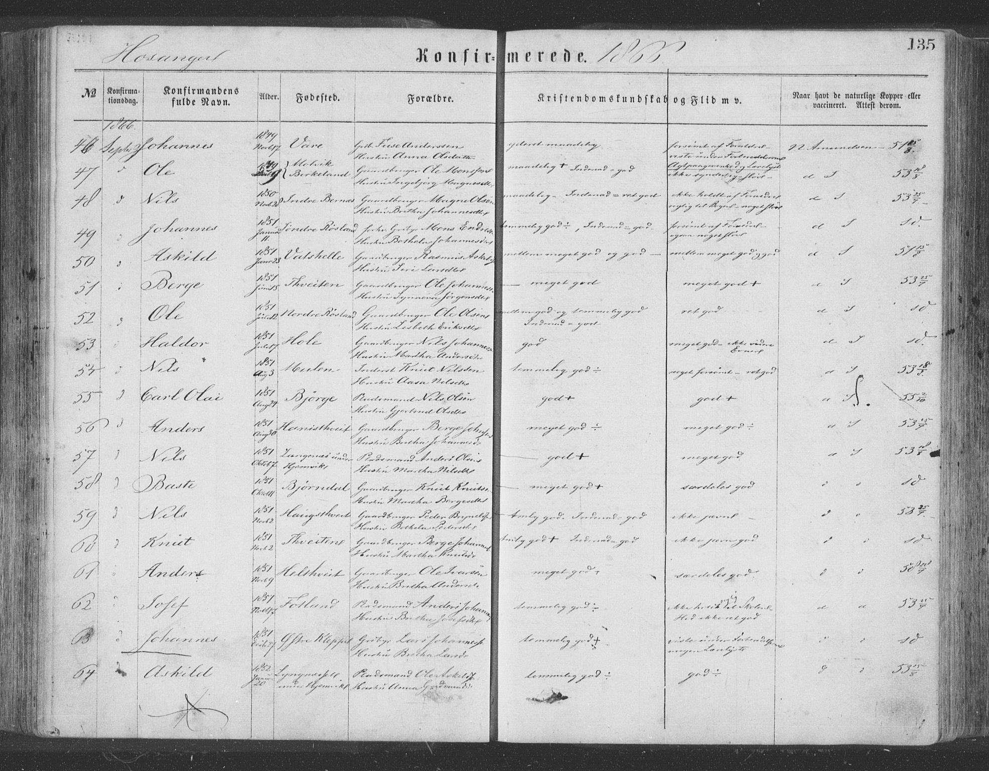 Hosanger sokneprestembete, AV/SAB-A-75801/H/Haa: Parish register (official) no. A 9, 1864-1876, p. 135