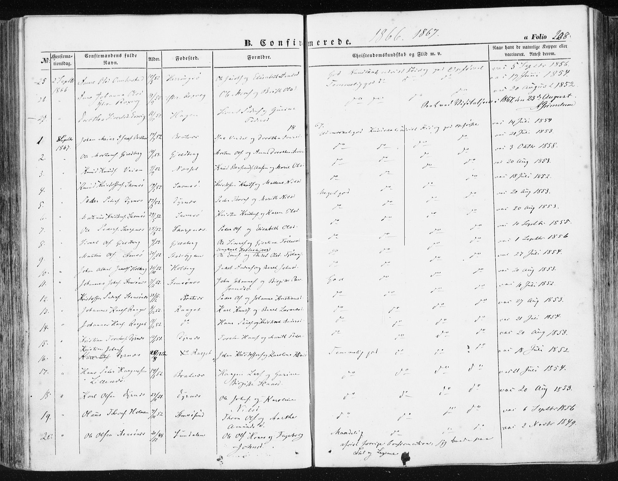 Ministerialprotokoller, klokkerbøker og fødselsregistre - Møre og Romsdal, AV/SAT-A-1454/581/L0937: Parish register (official) no. 581A05, 1853-1872, p. 208