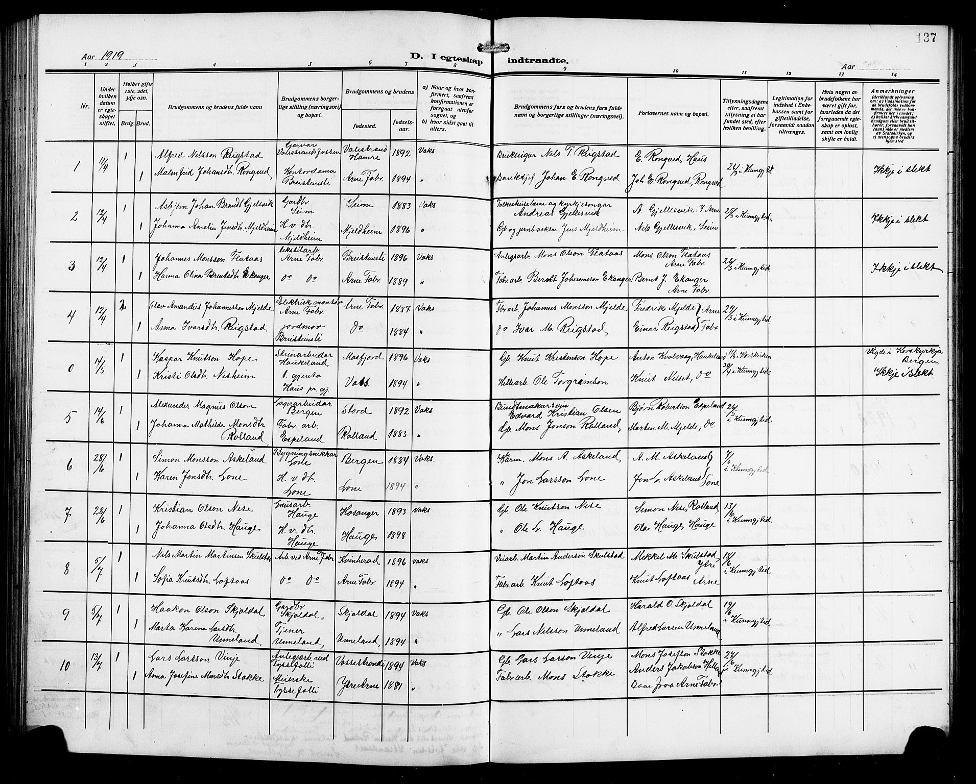 Arna Sokneprestembete, SAB/A-74001/H/Ha/Hab: Parish register (copy) no. A 5, 1911-1921, p. 137