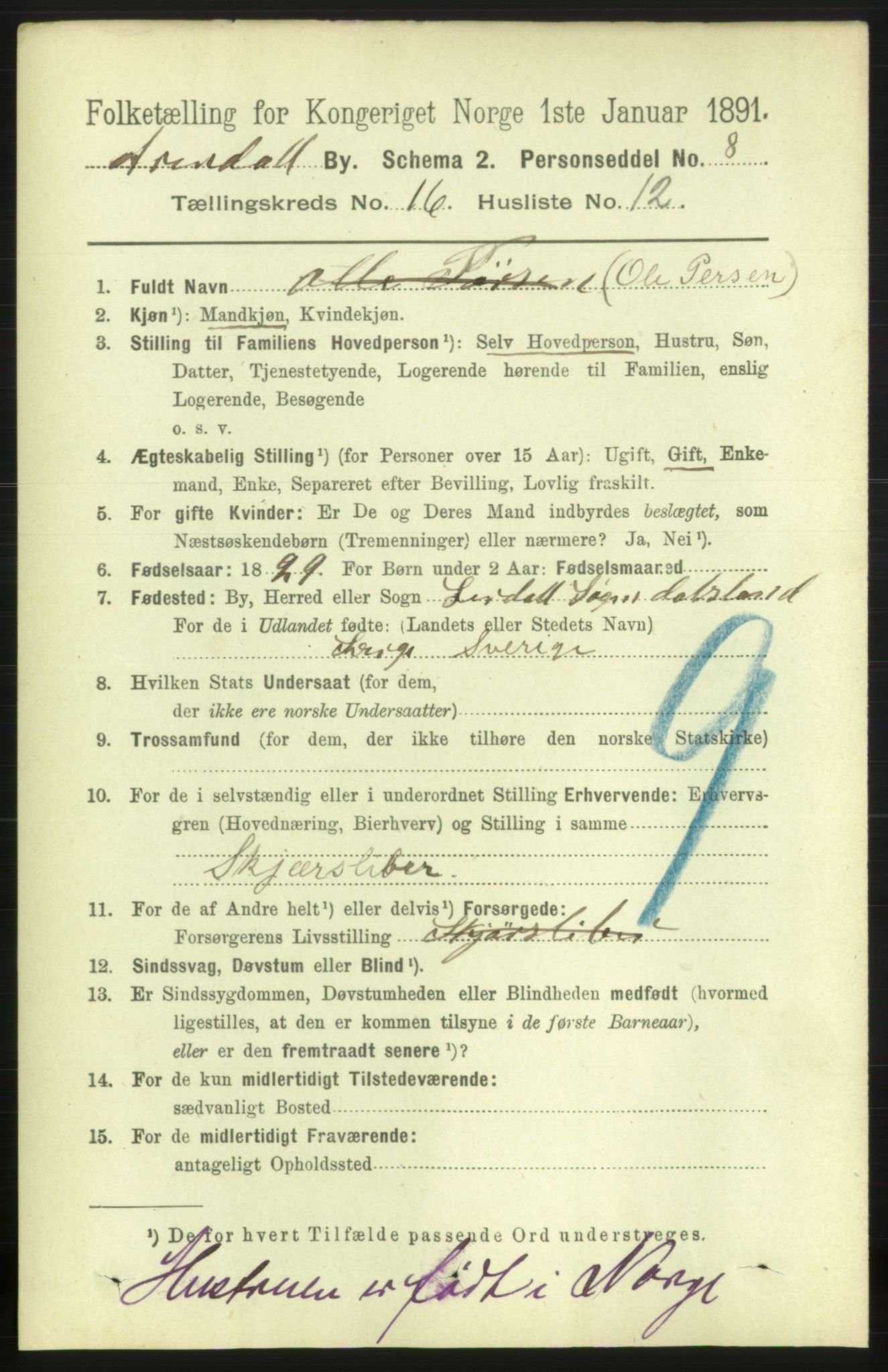 RA, 1891 census for 0903 Arendal, 1891, p. 5519