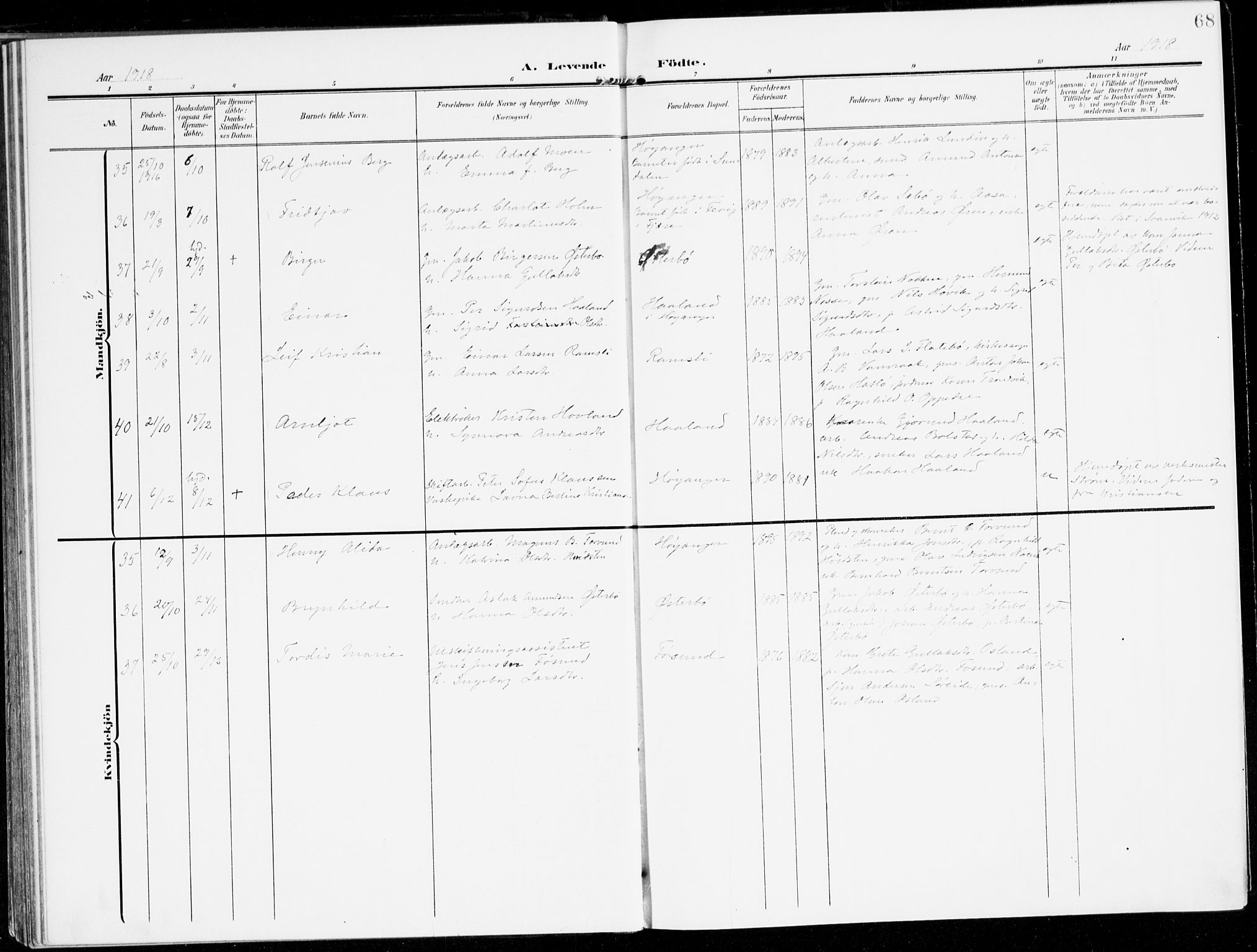 Lavik sokneprestembete, AV/SAB-A-80901: Parish register (official) no. C 2, 1904-1921, p. 68