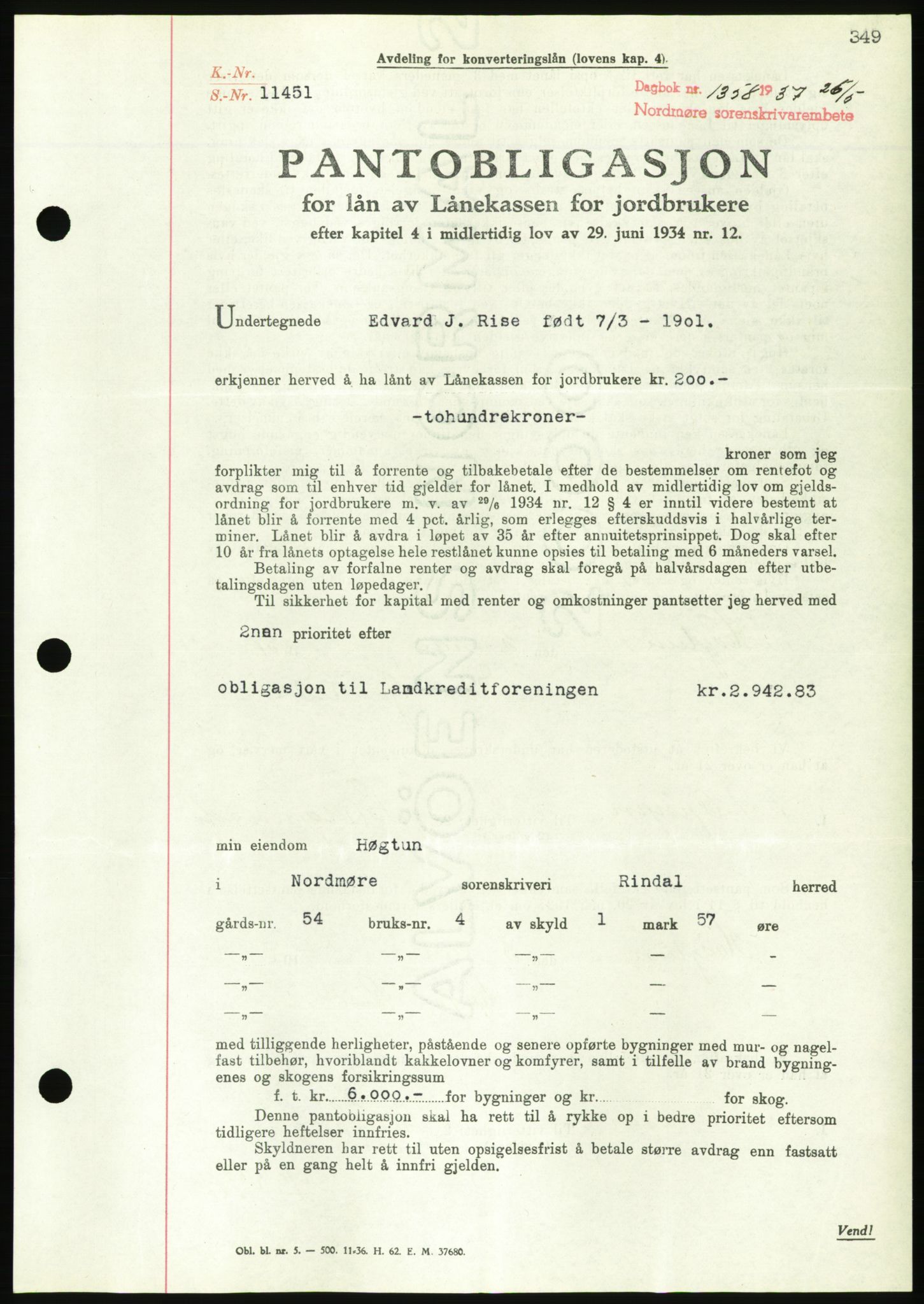 Nordmøre sorenskriveri, AV/SAT-A-4132/1/2/2Ca/L0091: Mortgage book no. B81, 1937-1937, Diary no: : 1358/1937