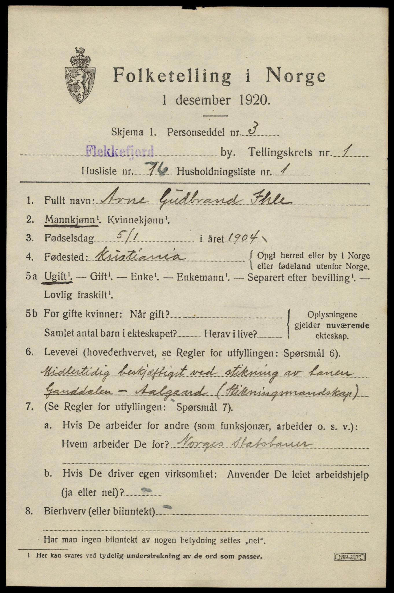 SAK, 1920 census for Flekkefjord, 1920, p. 2480