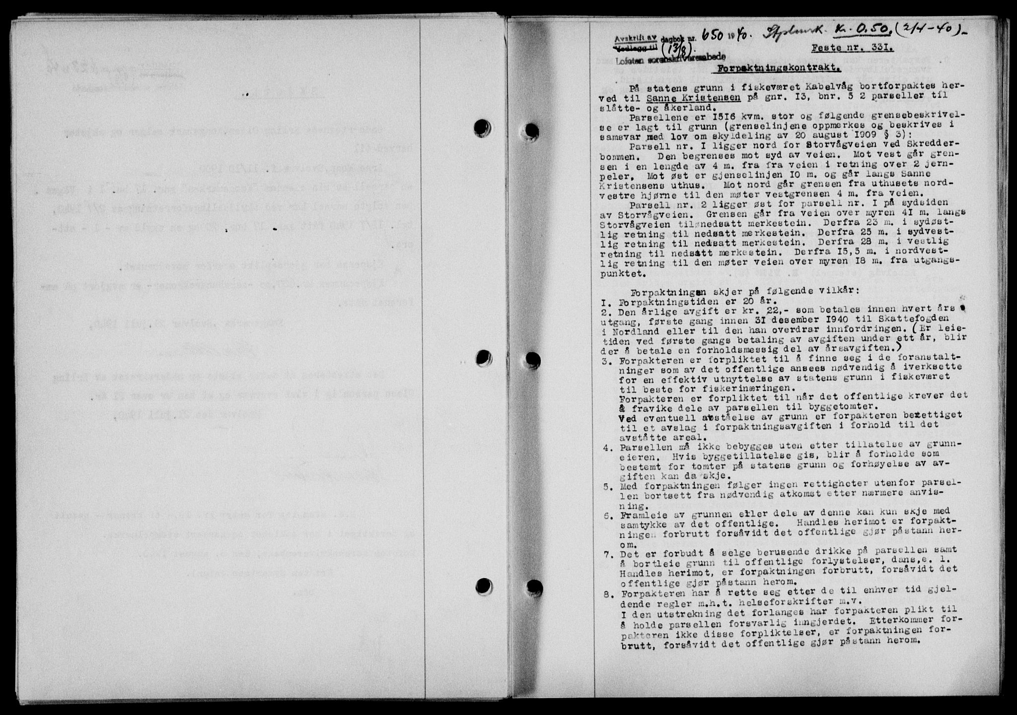Lofoten sorenskriveri, SAT/A-0017/1/2/2C/L0007a: Mortgage book no. 7a, 1939-1940, Diary no: : 650/1940