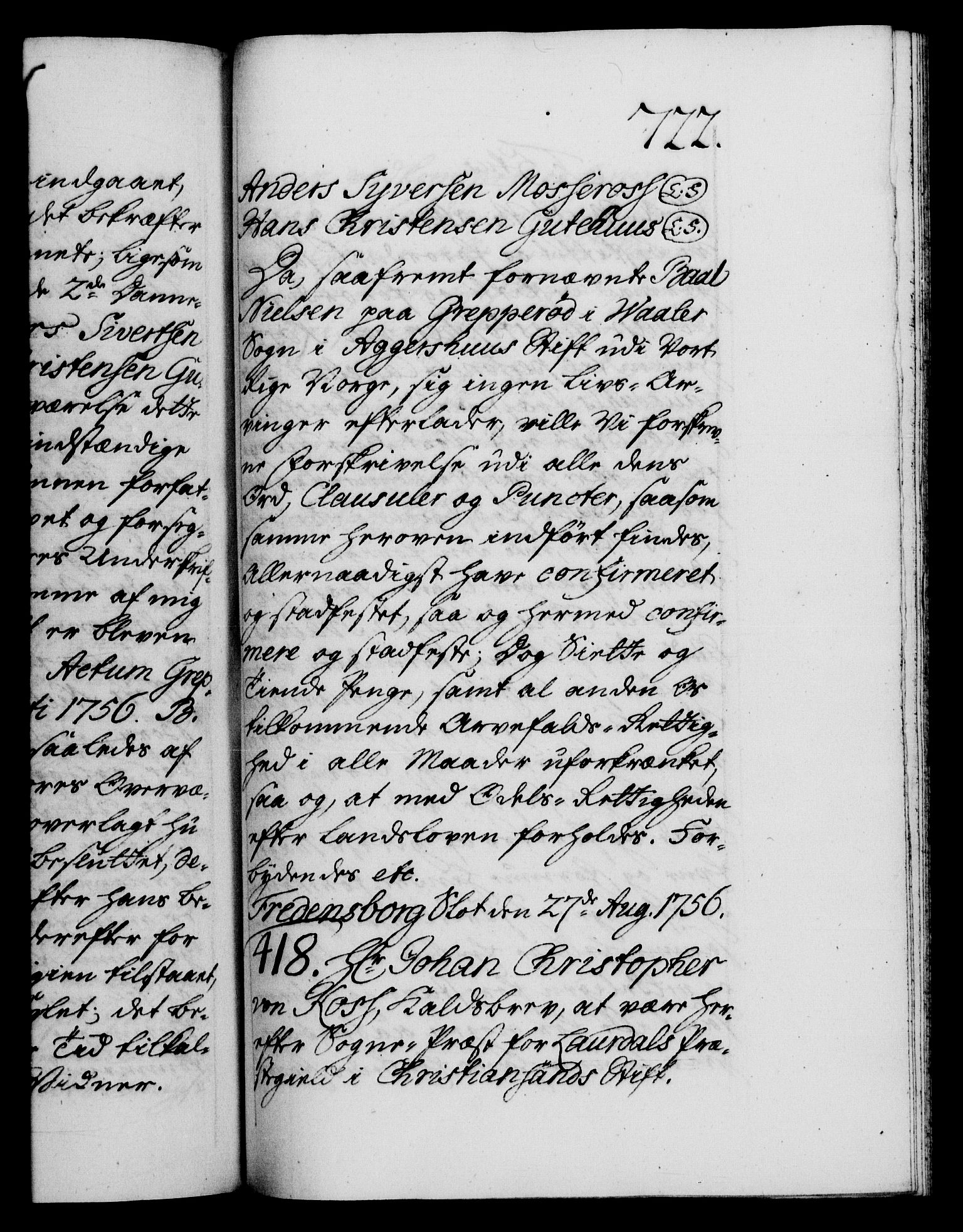 Danske Kanselli 1572-1799, AV/RA-EA-3023/F/Fc/Fca/Fcaa/L0039: Norske registre, 1755-1756, p. 722a