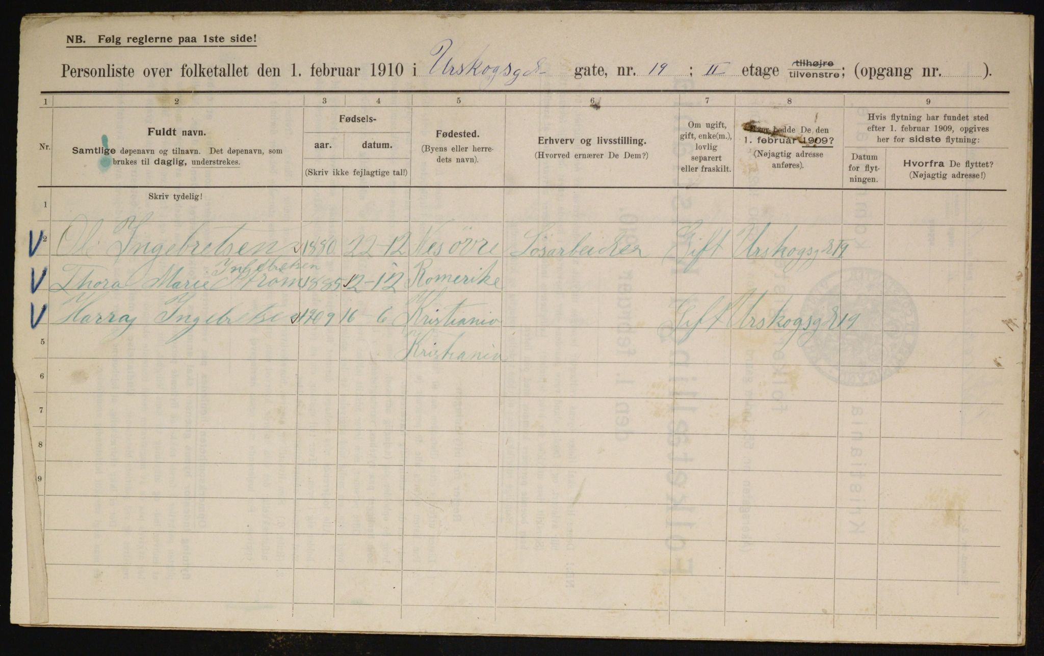 OBA, Municipal Census 1910 for Kristiania, 1910, p. 2518