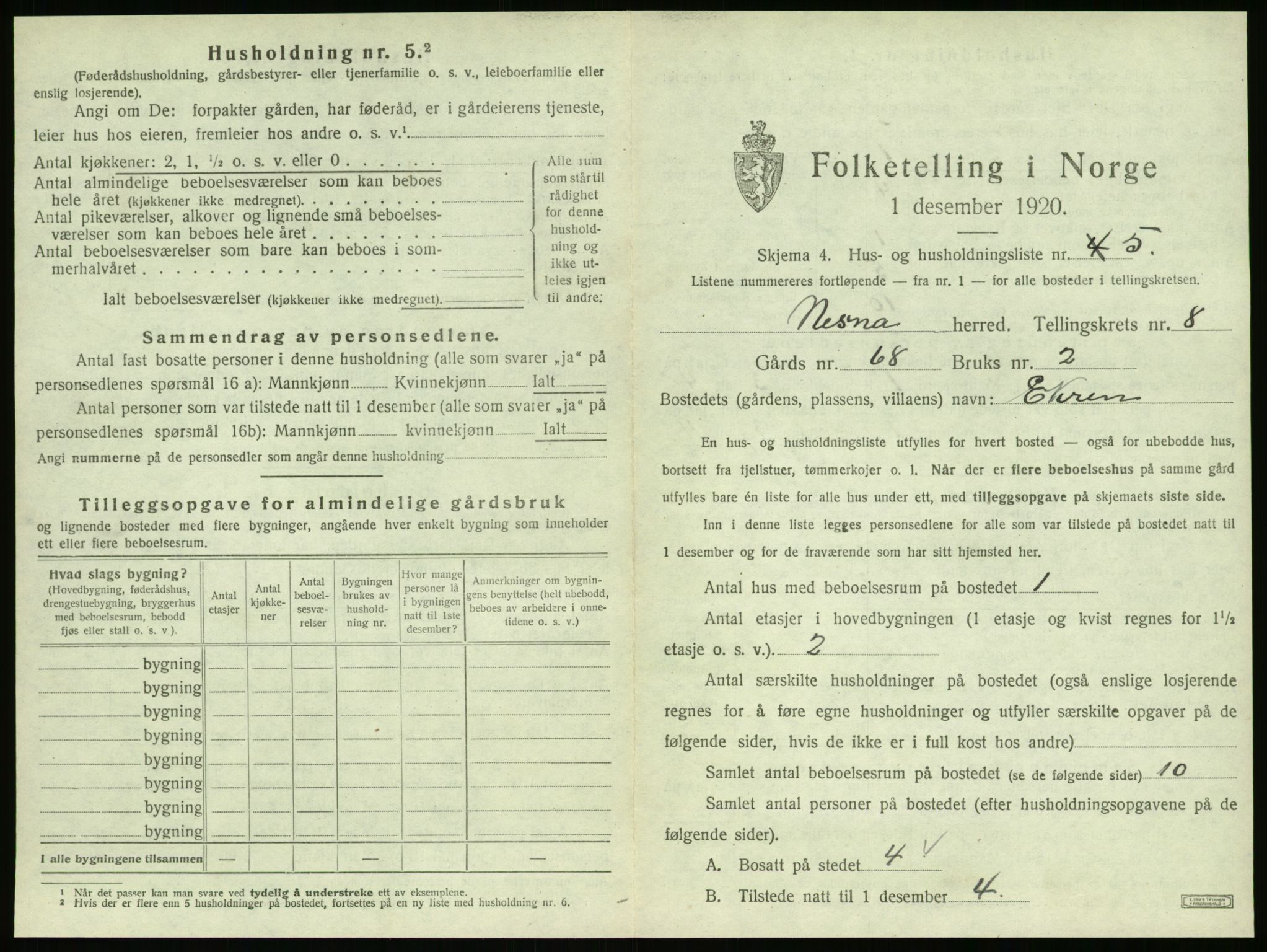 SAT, 1920 census for Nesna, 1920, p. 939