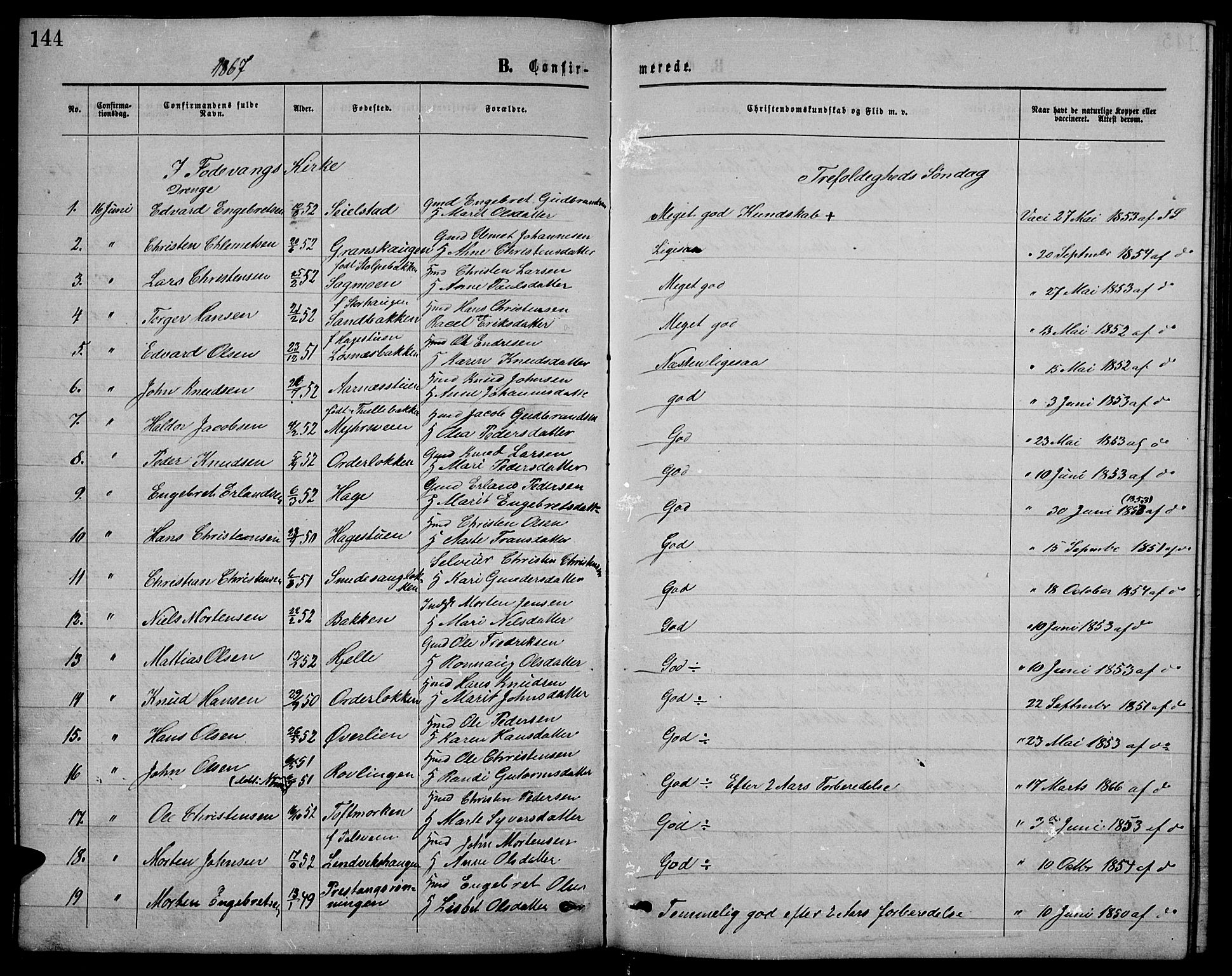 Ringebu prestekontor, SAH/PREST-082/H/Ha/Hab/L0004: Parish register (copy) no. 4, 1867-1879, p. 144