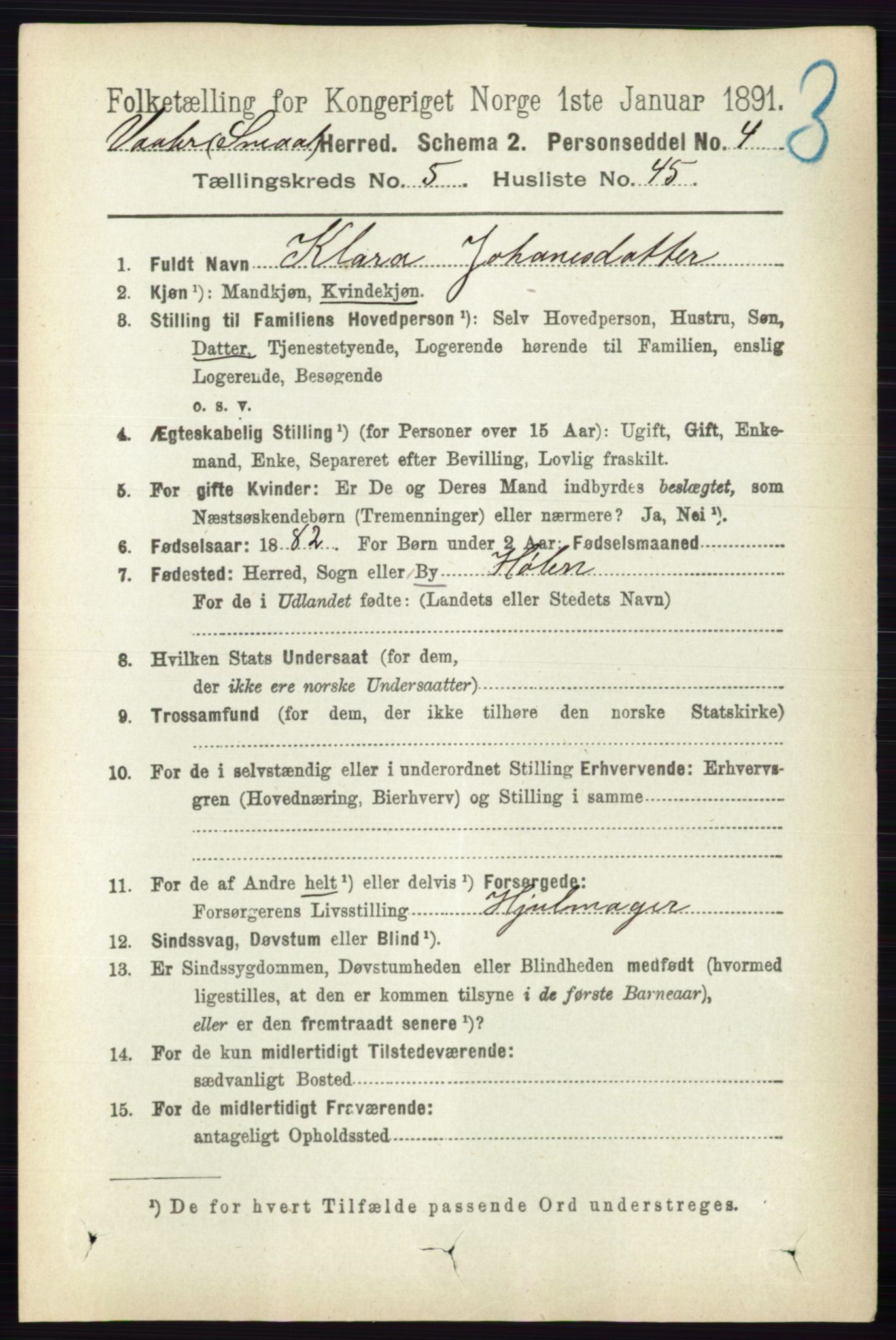 RA, 1891 census for 0137 Våler, 1891, p. 2249