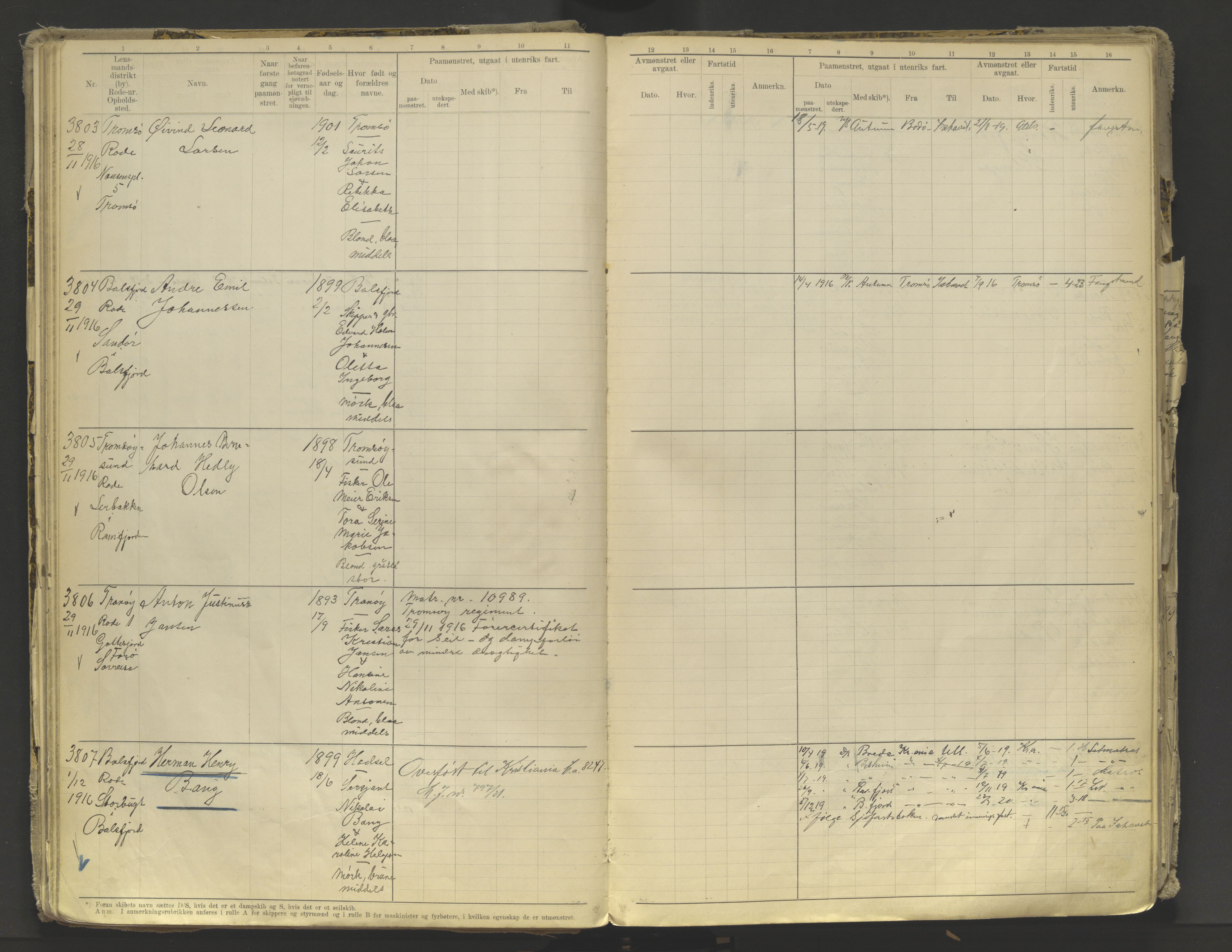 Tromsø sjømannskontor/innrullerings-/mønstringsdistrikt, AV/SATØ-S-0243/F/Fb/L0010: Annotasjonsrulle. Defekt: løs innbinding. Nr. 3519-4972, 1916-1920