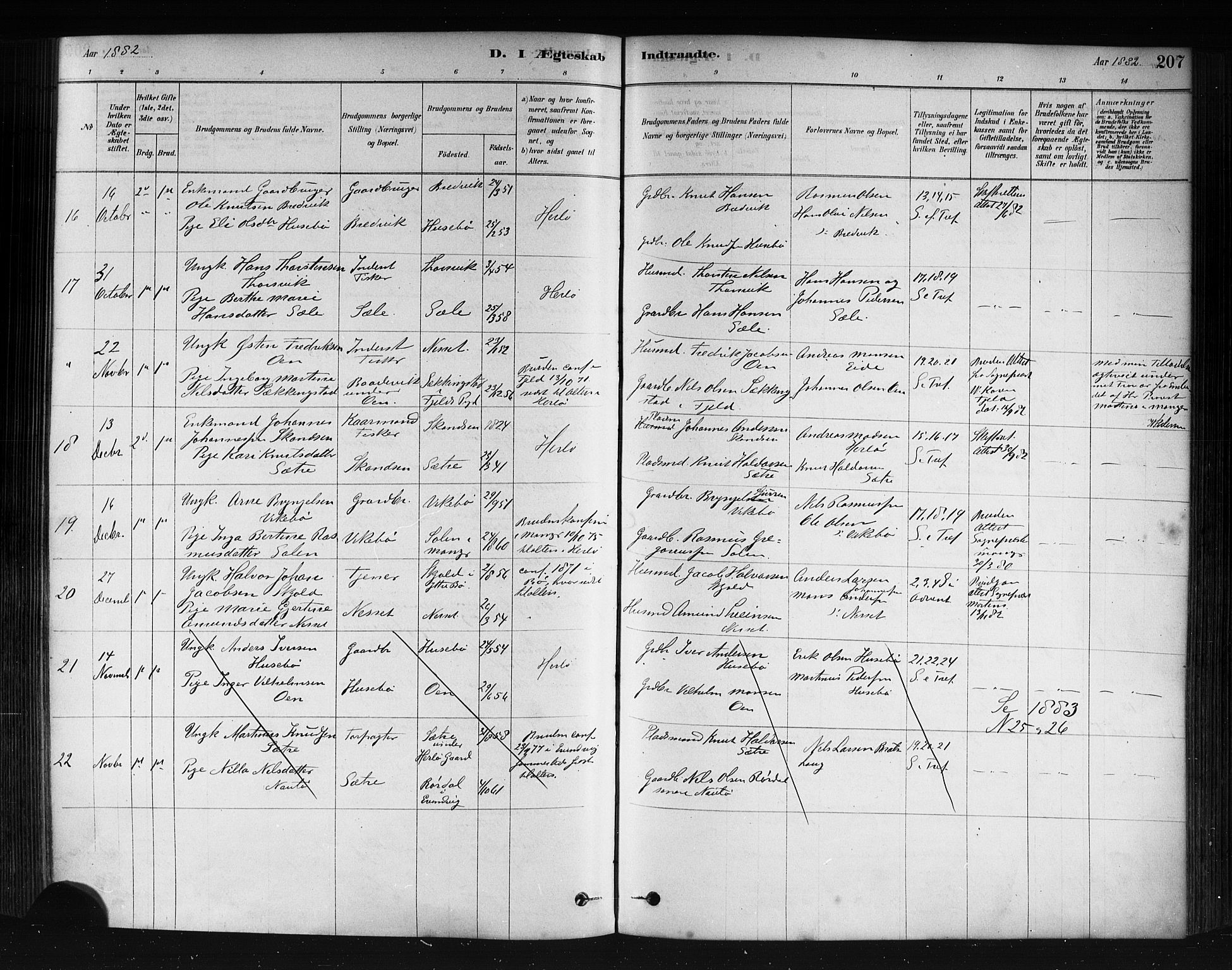 Herdla Sokneprestembete, AV/SAB-A-75701/H/Haa: Parish register (official) no. A 3, 1878-1890, p. 207