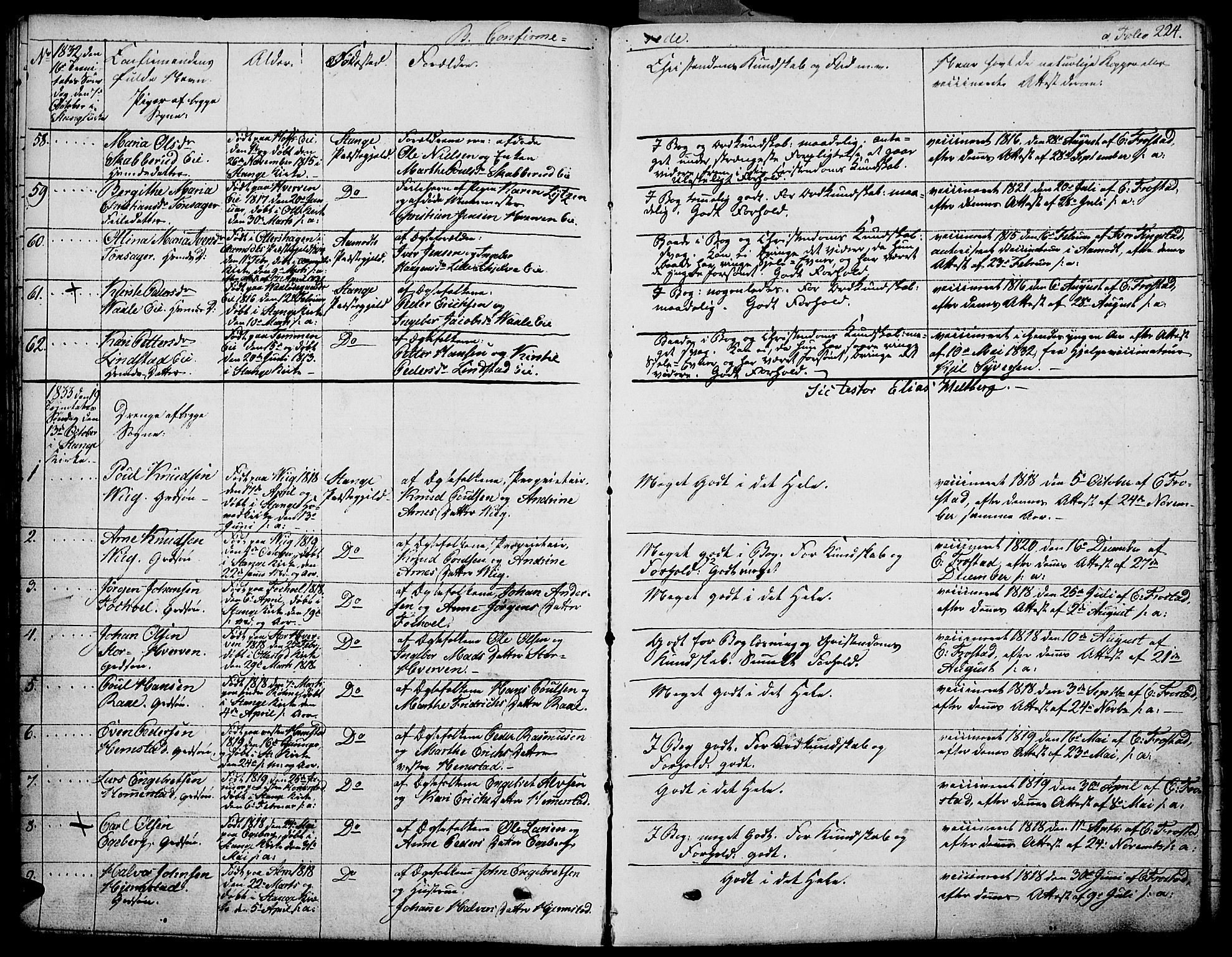 Stange prestekontor, SAH/PREST-002/K/L0009: Parish register (official) no. 9, 1826-1835, p. 224