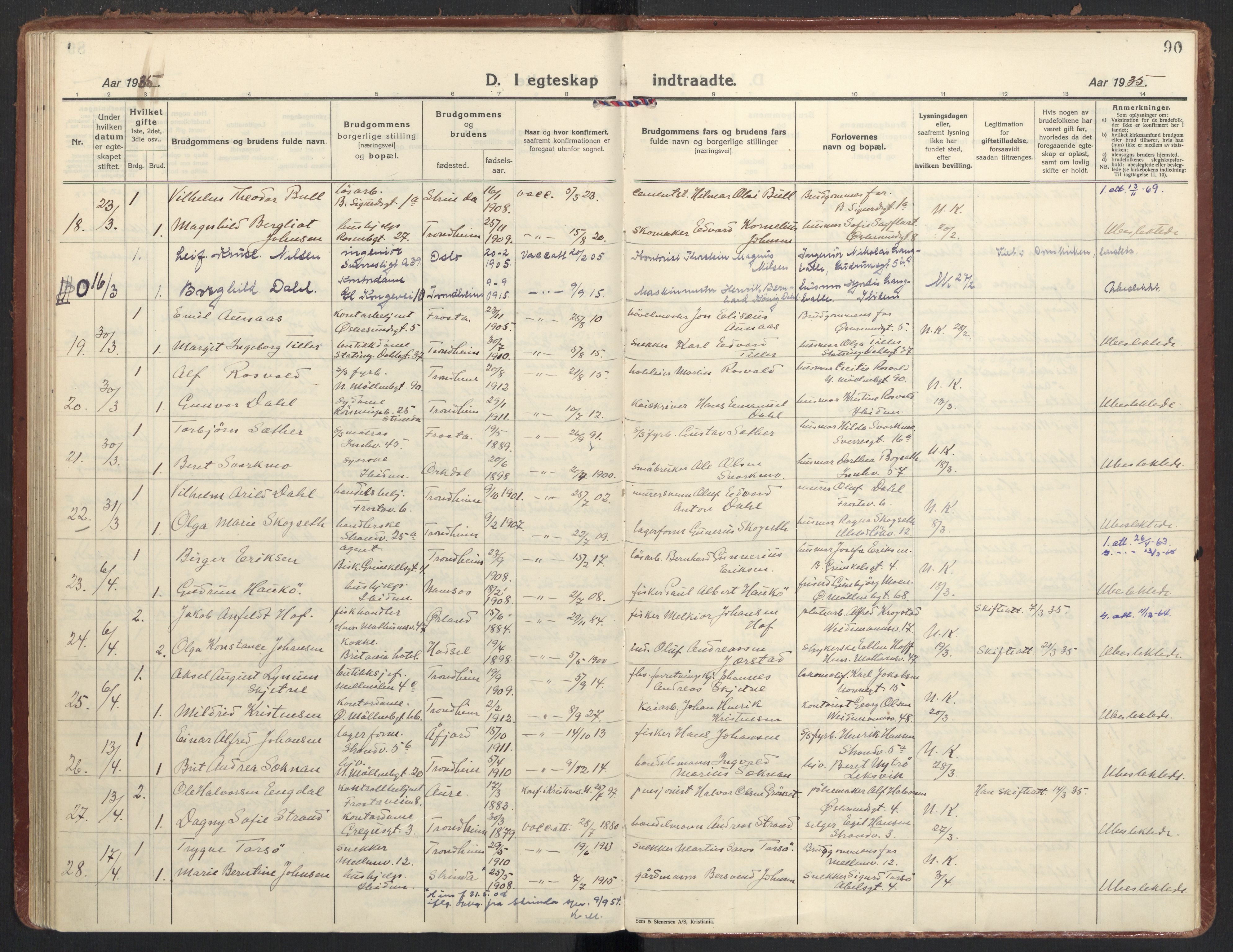Ministerialprotokoller, klokkerbøker og fødselsregistre - Sør-Trøndelag, SAT/A-1456/605/L0249: Parish register (official) no. 605A11, 1925-1936, p. 90