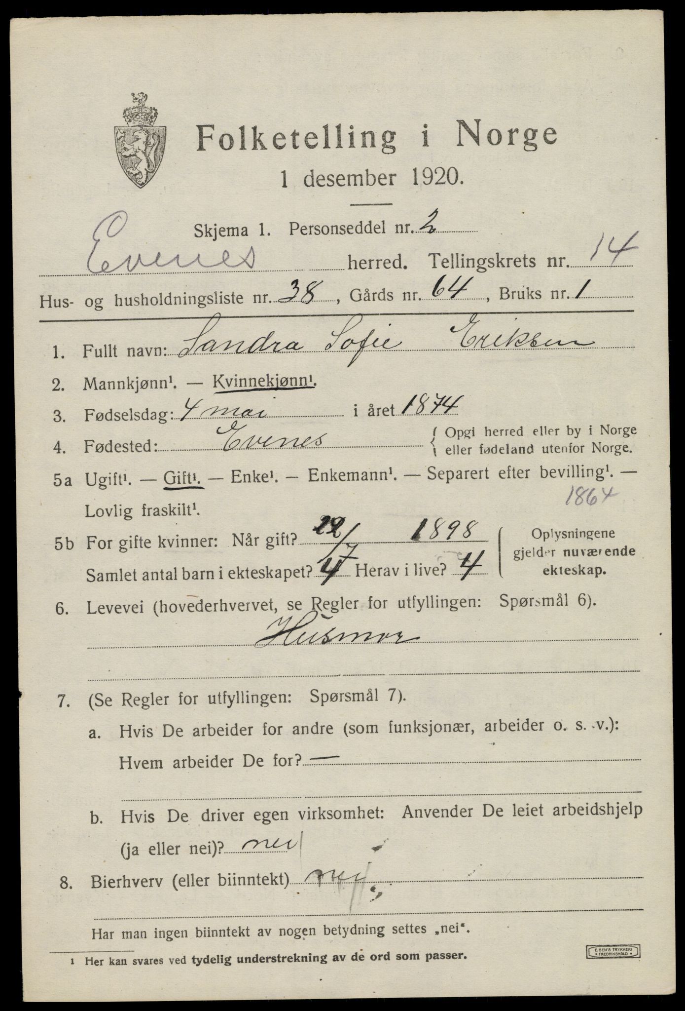 SAT, 1920 census for Evenes, 1920, p. 12648