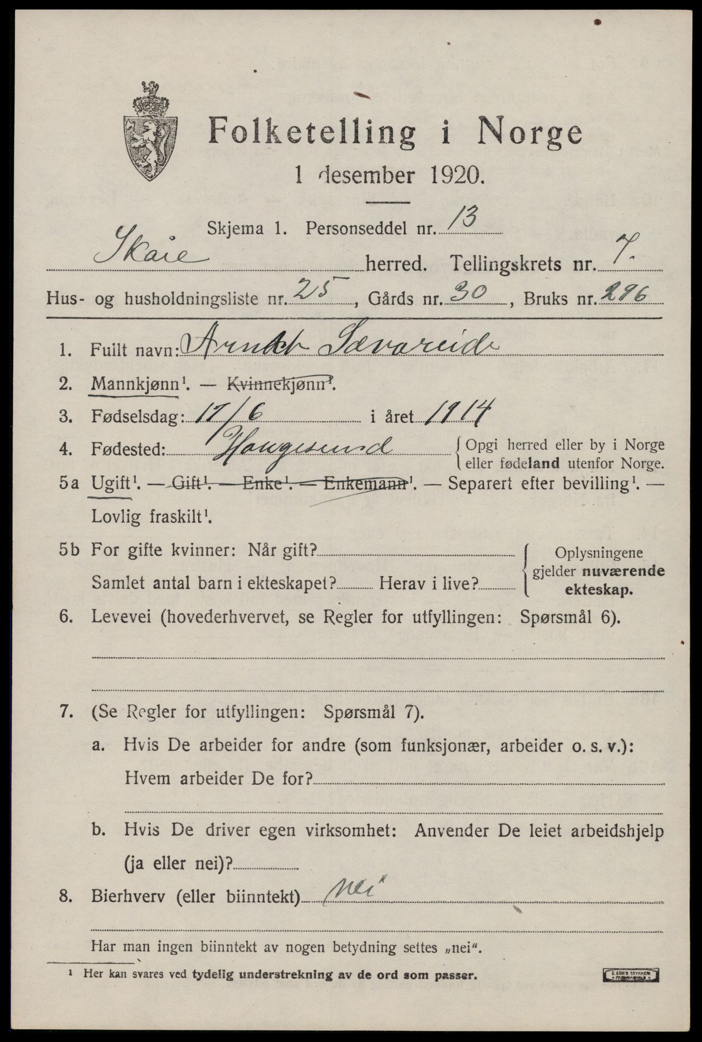 SAST, 1920 census for Skåre, 1920, p. 5296