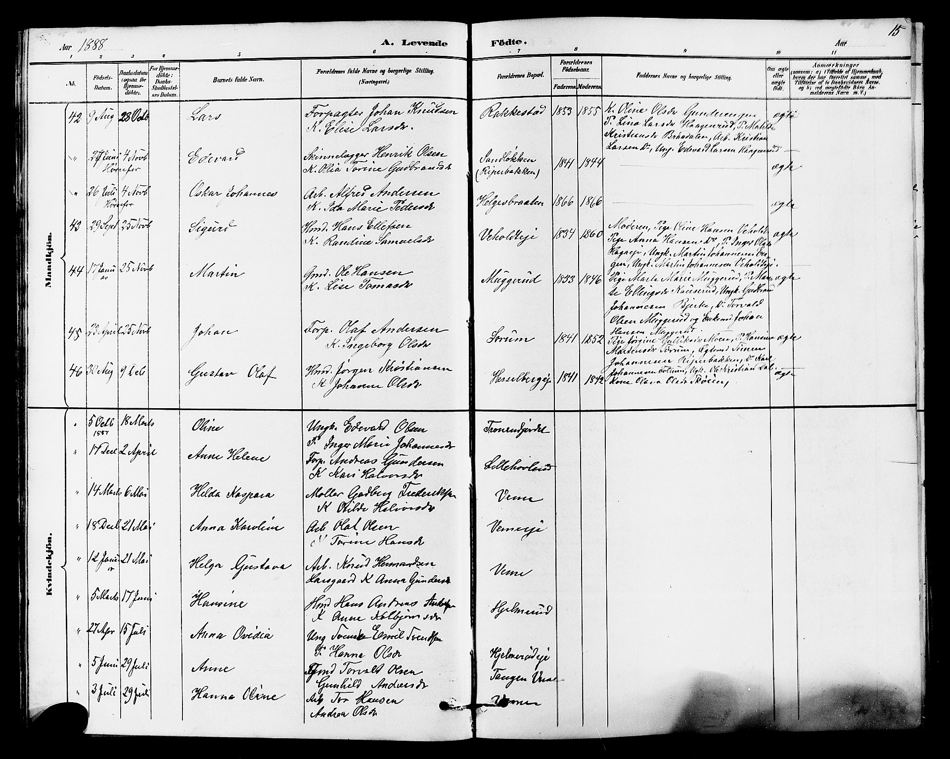 Norderhov kirkebøker, AV/SAKO-A-237/G/Ga/L0008: Parish register (copy) no. I 8, 1887-1912, p. 15