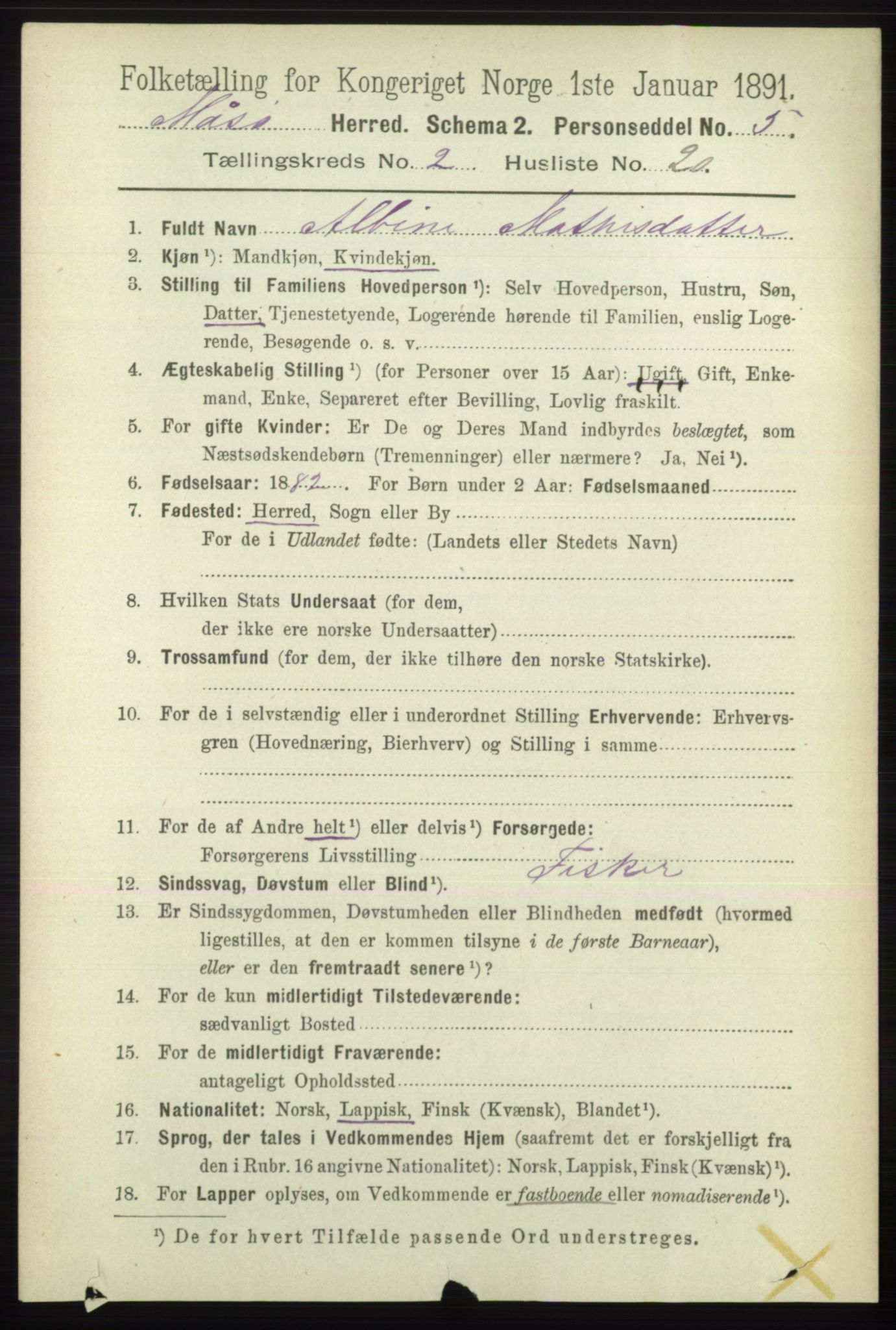 RA, 1891 census for 2018 Måsøy, 1891, p. 354